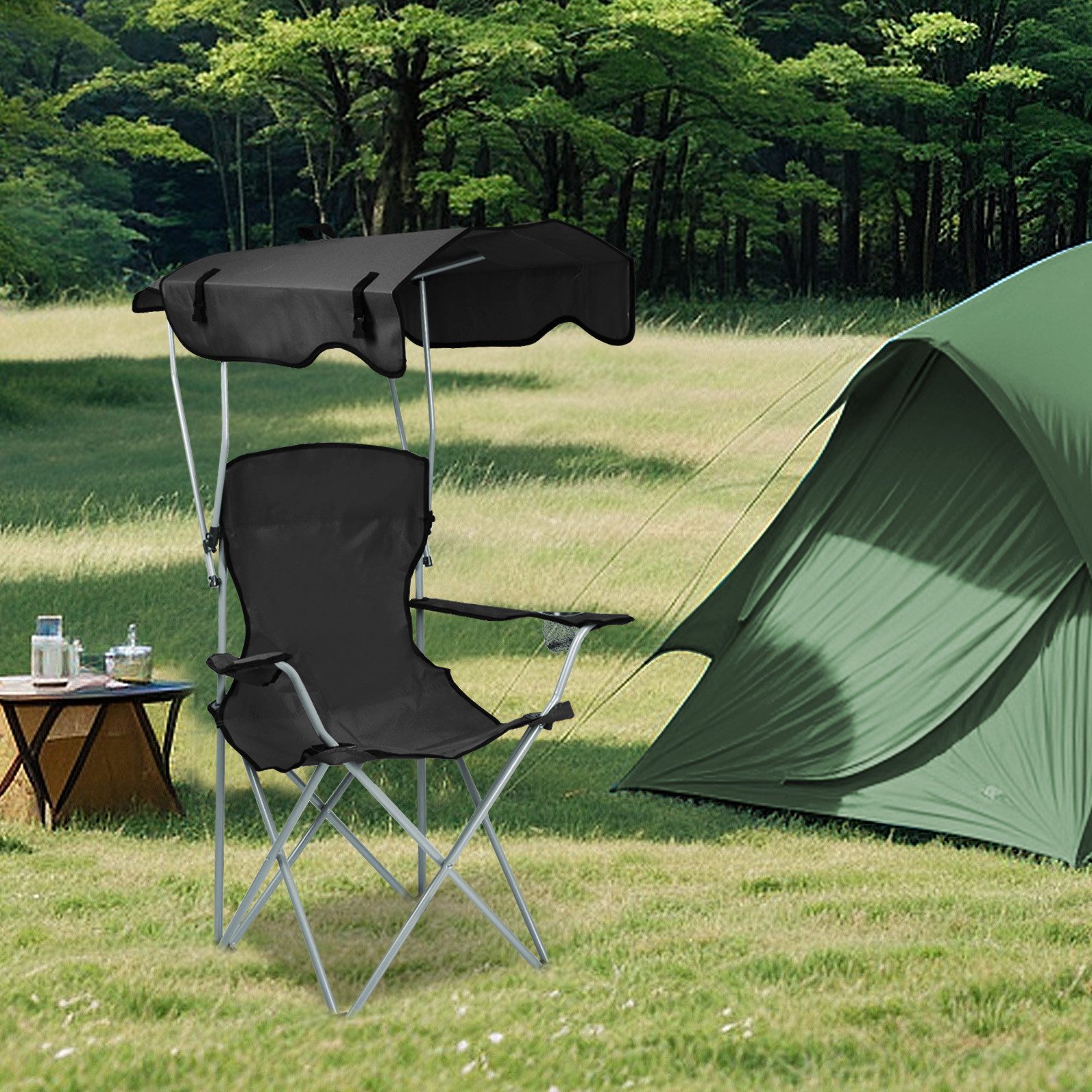 JEOBEST Campingstuhl Klappstühle mit Dach, Luxus Anglerstuhl, (Stück, 1 St), Klappstuhl mit Armlehnen und Getränkehalter