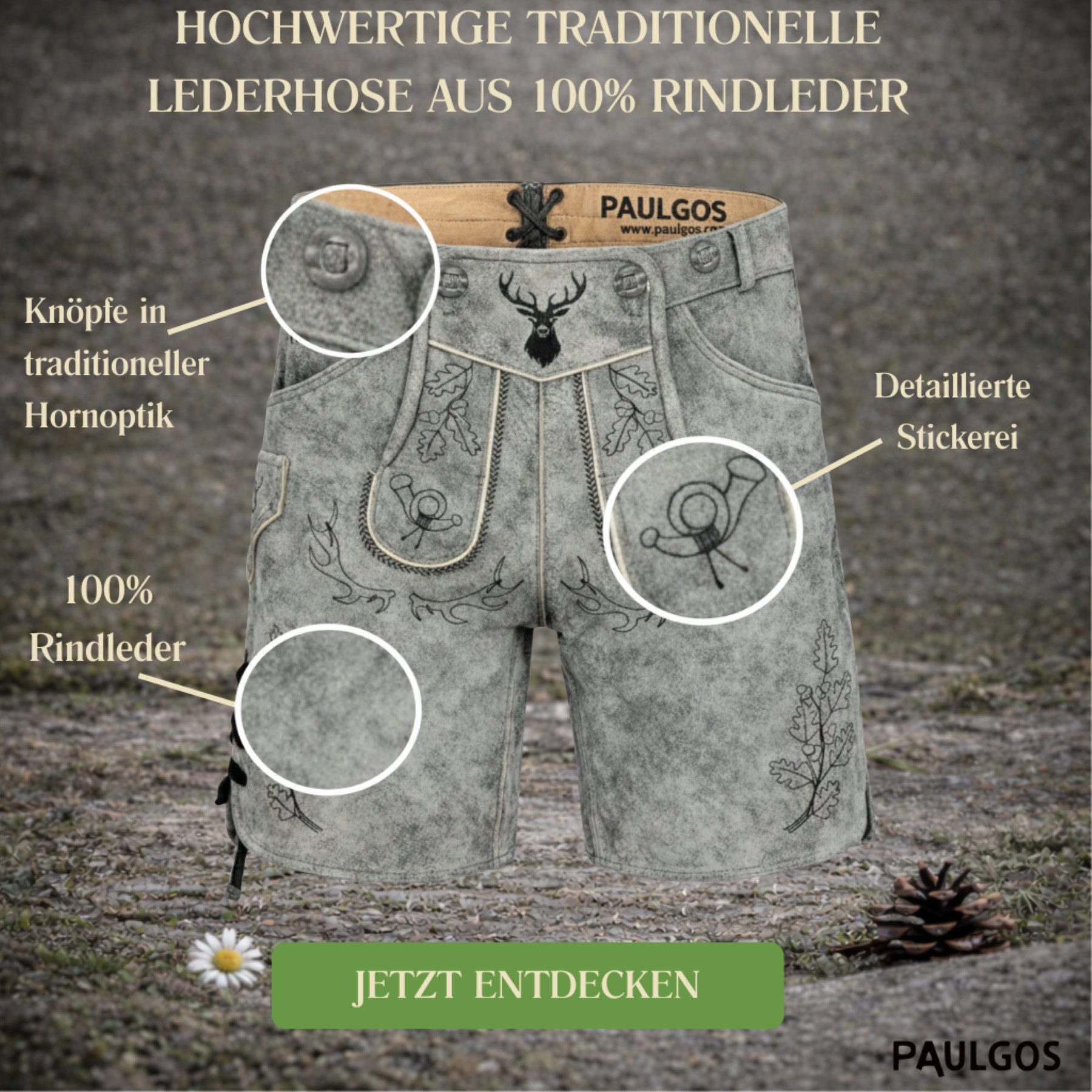 PAULGOS Trachtenhose Herren Lederhose Kurz mit Trägern 100% Echtleder - HK5 ANTIK