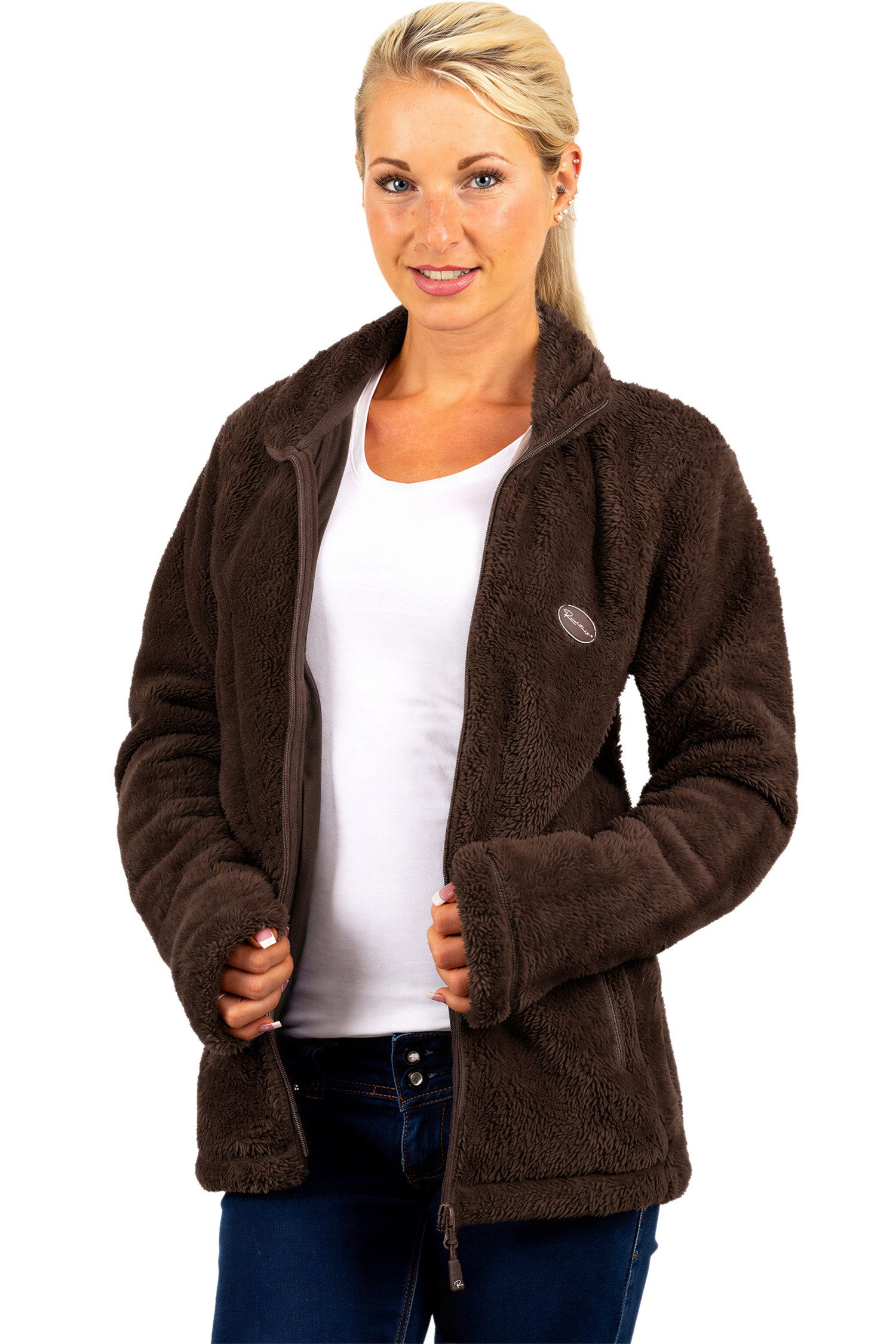 Reichstadt Fleecejacke Damen Regular Fit Flauschige Jacke Kuschelig 22RSW002 Extravagante Reißverschluss-Anhänger