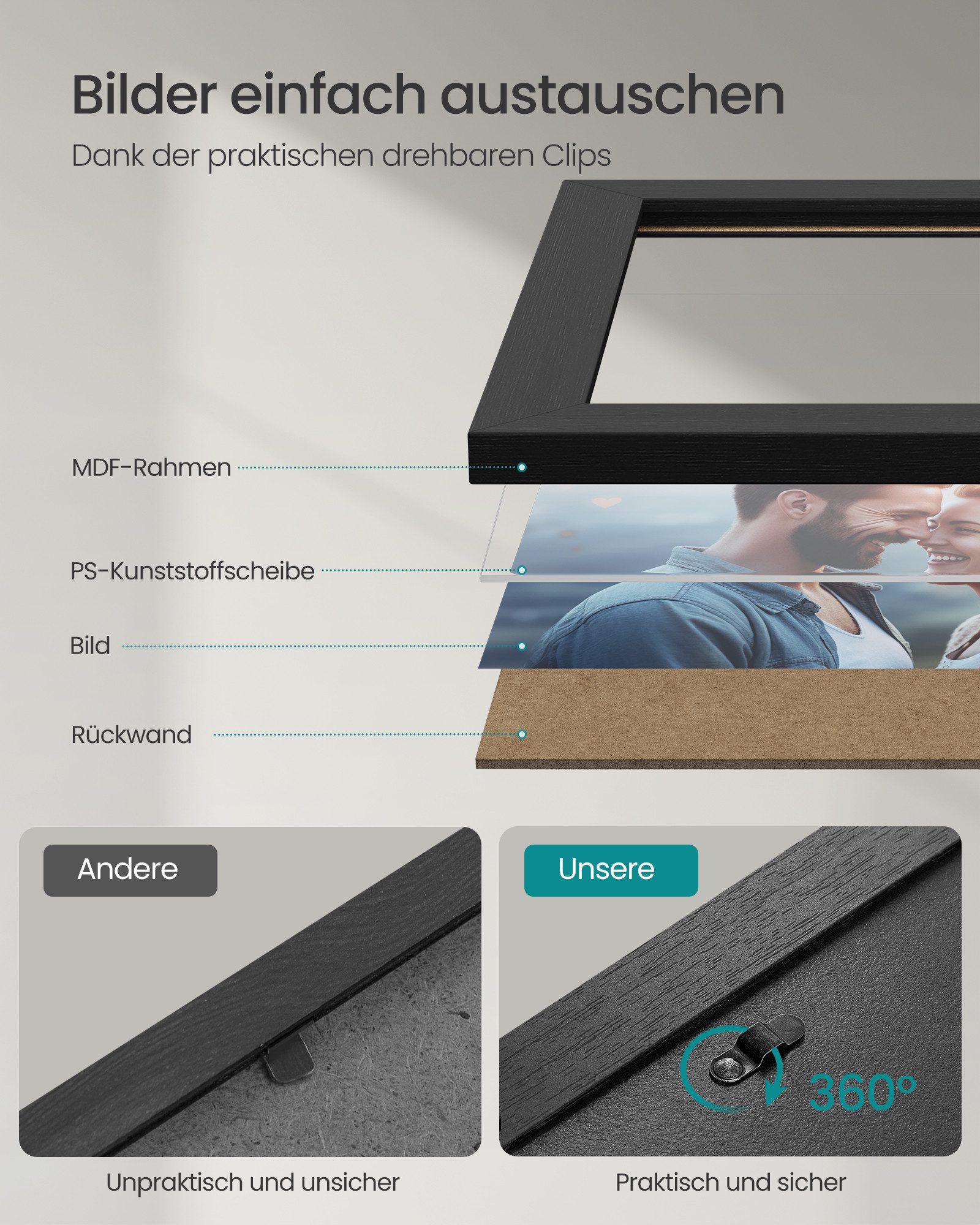 SONGMICS Bilderrahmen-Set Fotorahmen, 10er Set, Kunststoffscheibe, MDF, für 2 in 20 x 25 cm, 4 in 13 x 18 cm, 4 in 10 x 15 cm – Bild 4 von 5