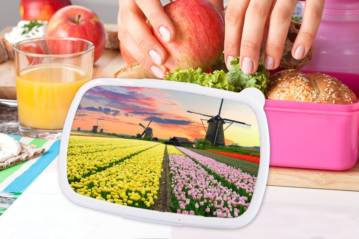 Mädchen, Brotdose Brotbox Kinder, Erwachsene, Kunststoff Lunchbox - Kunststoff, (2-tlg), für rosa - MuchoWow Blumen - Niederlande, Snackbox, Tulpen Windmühle