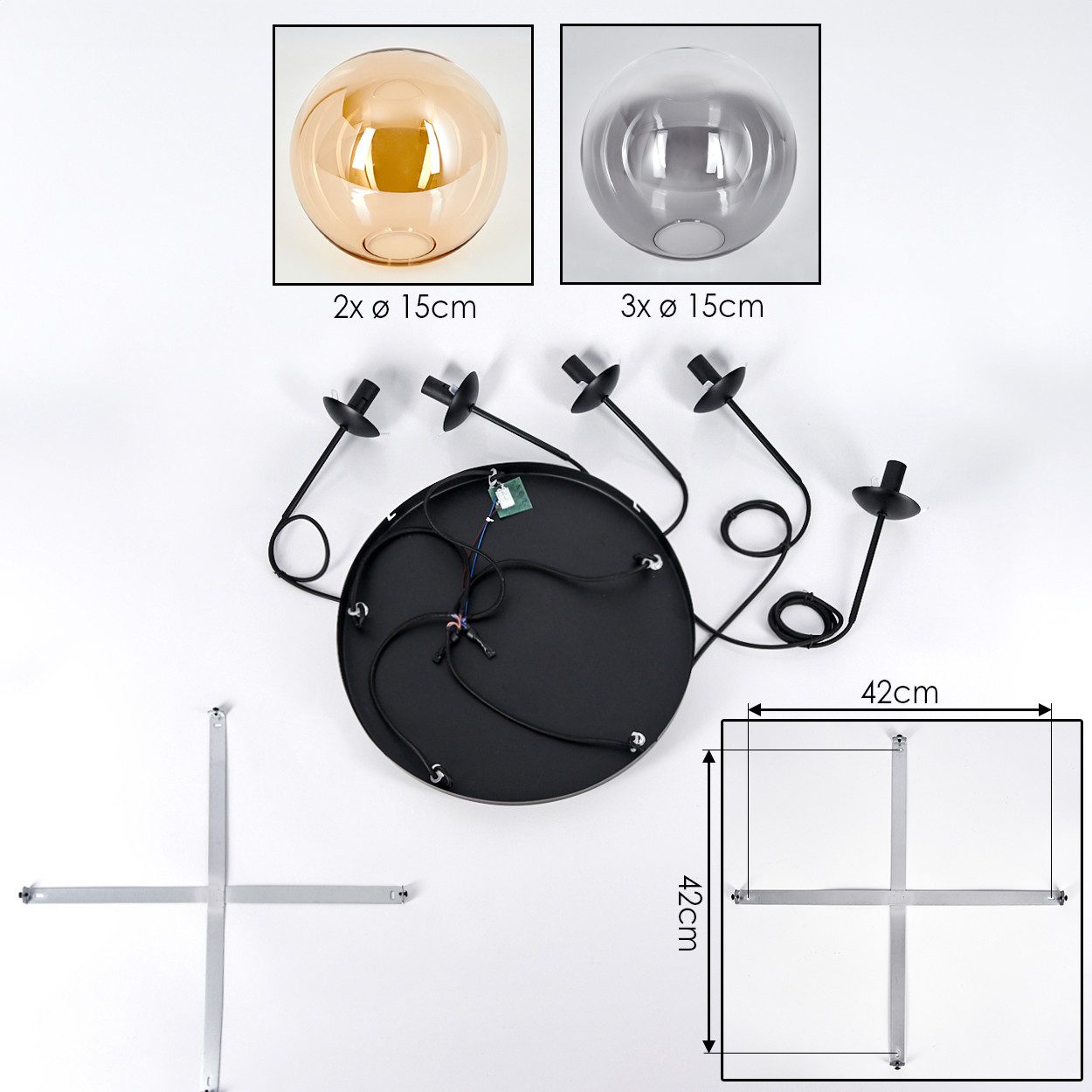 hofstein Hängeleuchte Hängelampe aus Metall/Glas in Schwarz/Rauchfarben/Bernsteinfarben/Klar, ohne Leuchtmittel, Leuchte im Retro/Vintage-Design mit Glasschirme – Bild 5 von 5