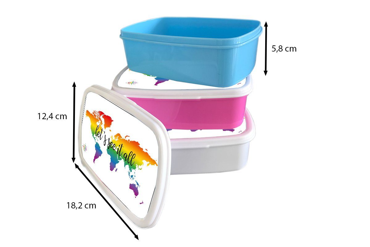 MuchoWow Lunchbox Weltkarte - Regenbogen (2-tlg), rosa - Kompass, Kinder, Mädchen, Snackbox, für Erwachsene, Kunststoff, Brotbox Kunststoff Brotdose