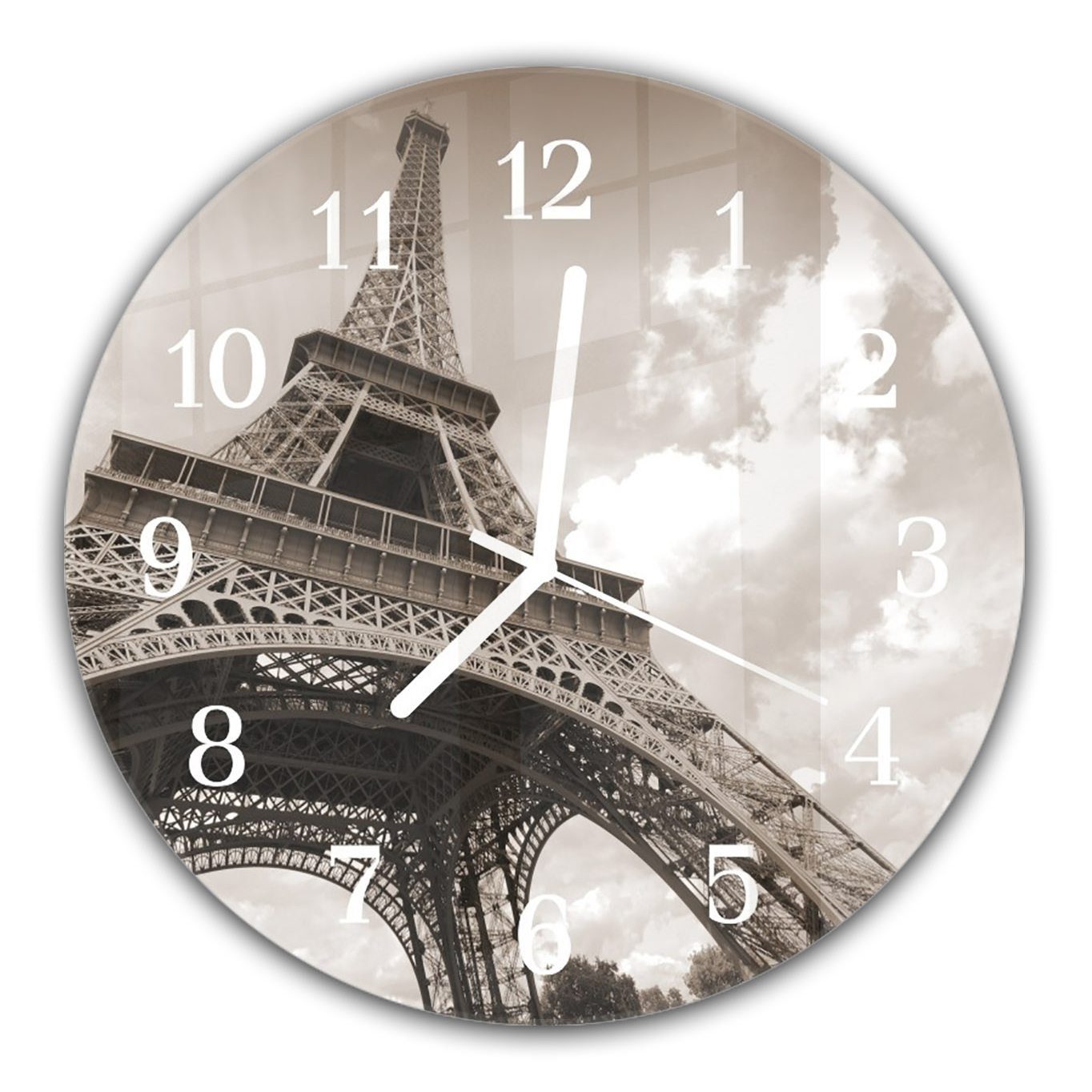 Primedeco Wanduhr Durchmesser cm Quarzuhrwerk Eiffeltrum mit - von 30 aus unten Rund Wanduhr und Motiv mit Glas