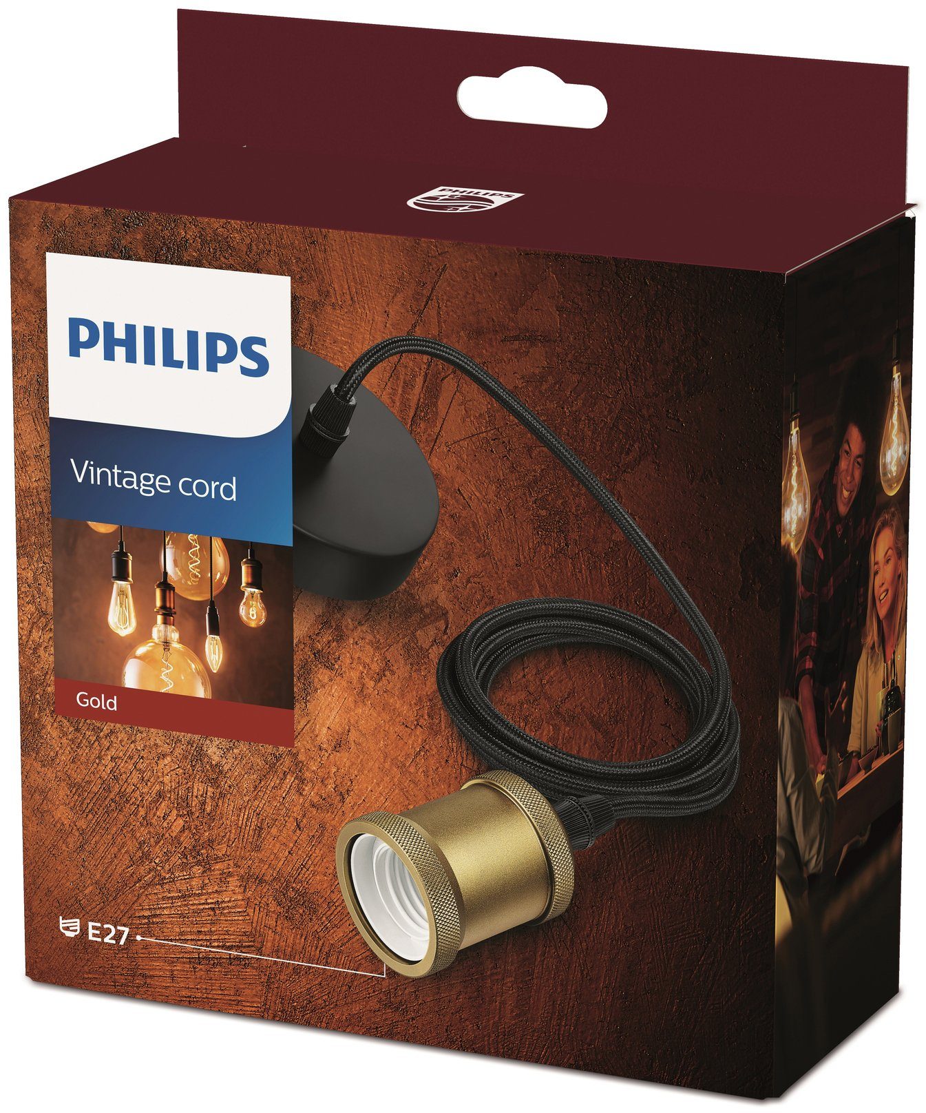 Schnurpendel, wechselbar, Gold/Schwarz E27 Philips LED Pendelleuchte Vintage