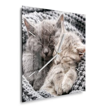 DEQORI Wanduhr 'Eingekuschelte Kätzchen' (Glas Glasuhr modern Wand Uhr Design Küchenuhr)