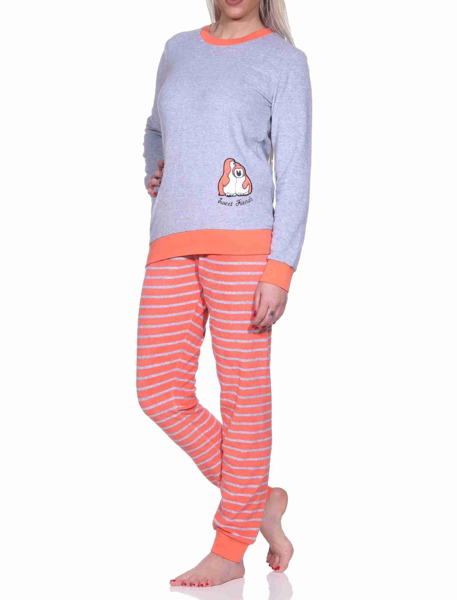 Normann Pyjama Damen Frottee Pyjama langarm mit Bündchen und Pinguin Stickerei – Bild 2 von 3