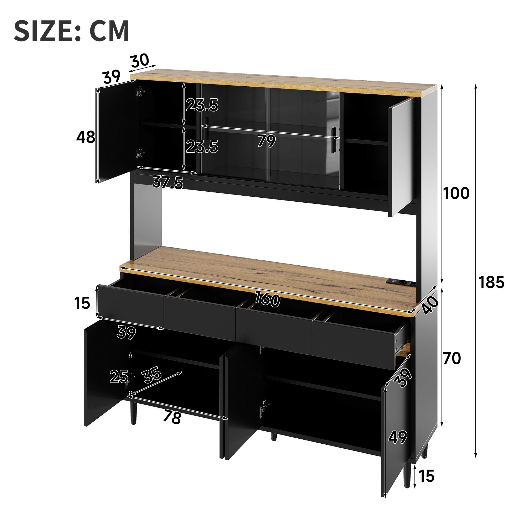 Ulife Hochschrank mit farbigem Lichtstreifen und mehrstufigem Stauraum, 160×40×185 cm (1-St) Buffetschrank mit Steckdose + USB-C/USB-A