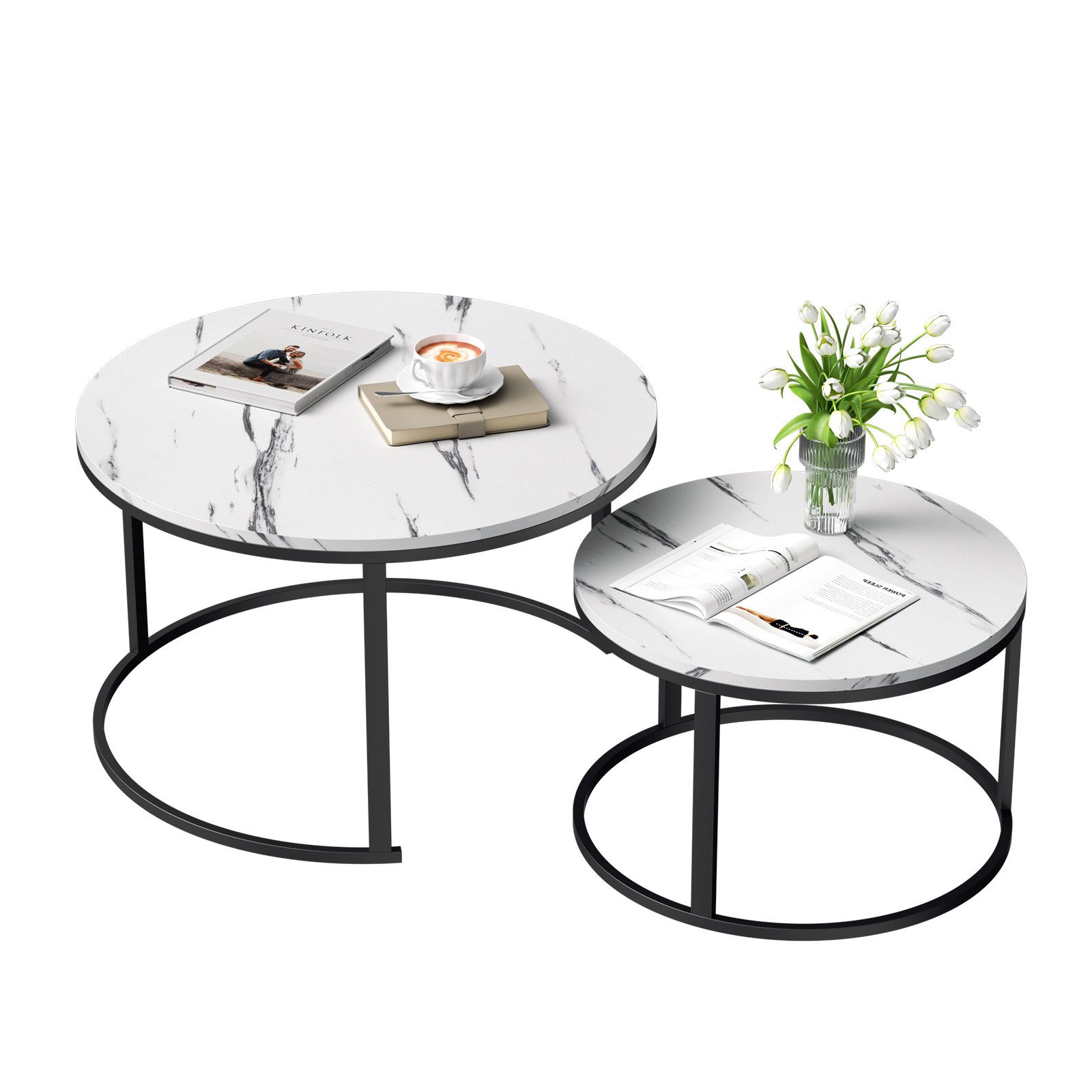 Couchtisch Rund Kaffeetisch 2er Set mit Marmormuster, 80 x 45.5cm + 60 x 38cm