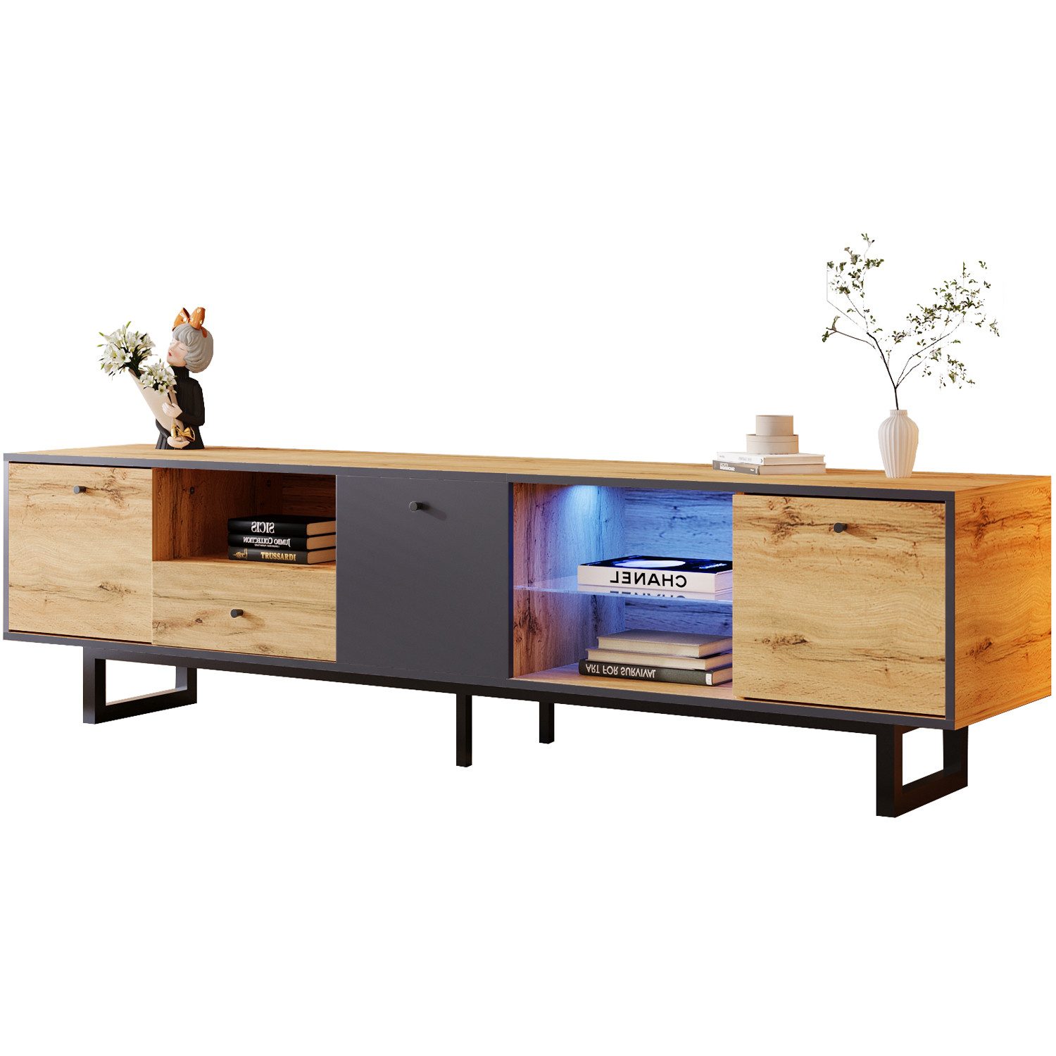 TV-Rack Lowboard, Wohnzimmer-TV-Schrank mit LED-Lichteffekt, 190x40x50cm