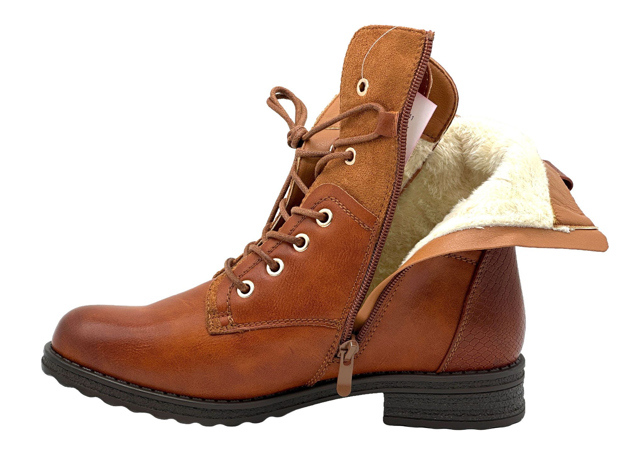 Nowaland Casual Damen Boots mit Warmfutter und Reißverschluss Stiefelette Dekorative Schnürung und kuscheliges Warmfutter
