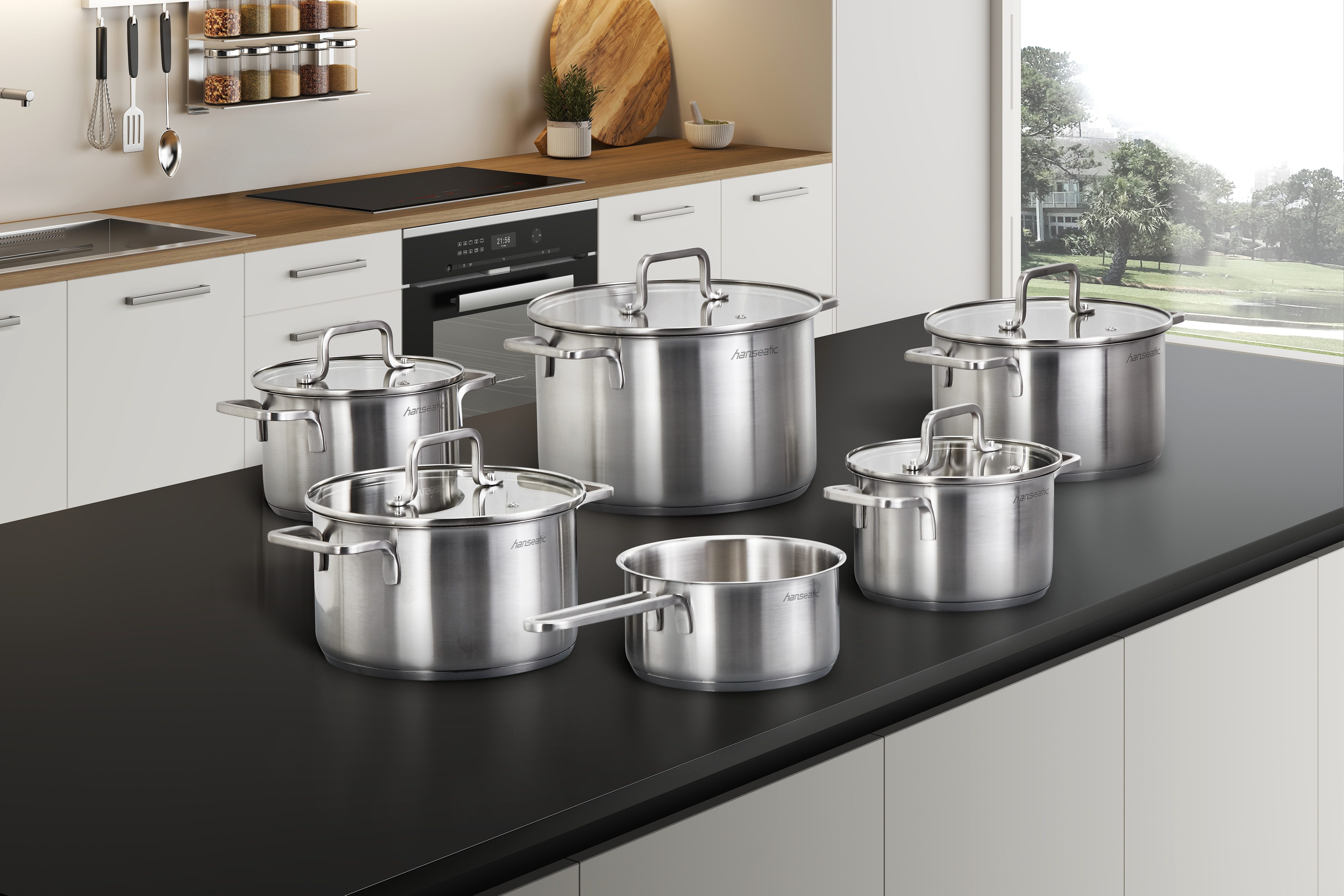 Hanseatic Topf-Set DAILY, Edelstahl 18/10 (Set, 11-tlg., Fleischtopf 2x 16 cm / 2x 20 cm / 1x 24 cm, Stielkasserolle 16 cm), handfreundliche Griffe, Literskala, Glasdeckel, Induktion