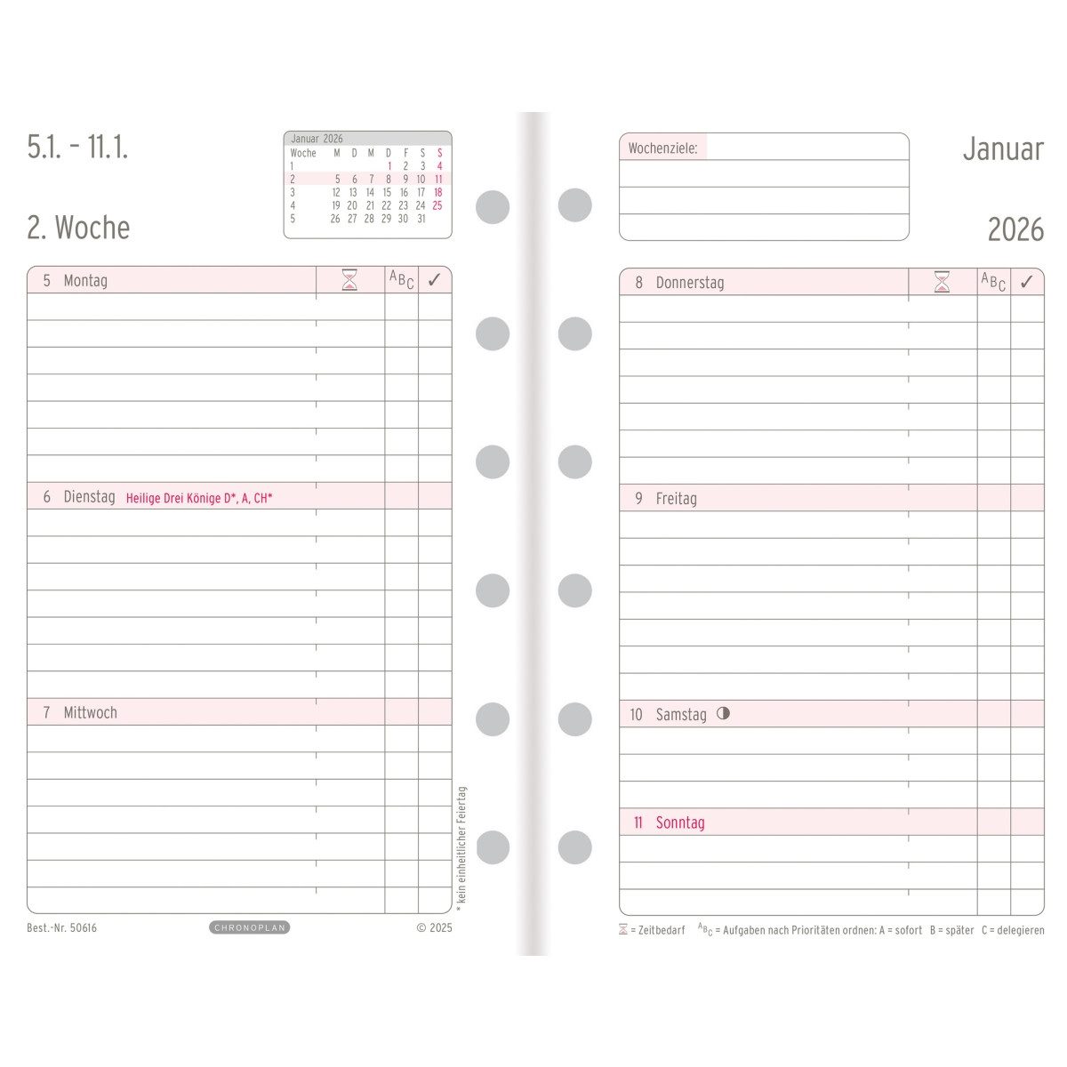 CHRONOPLAN Terminplaner Wochenplan A7 Mini 1 Woche/2 Seiten Kalendarium 2026