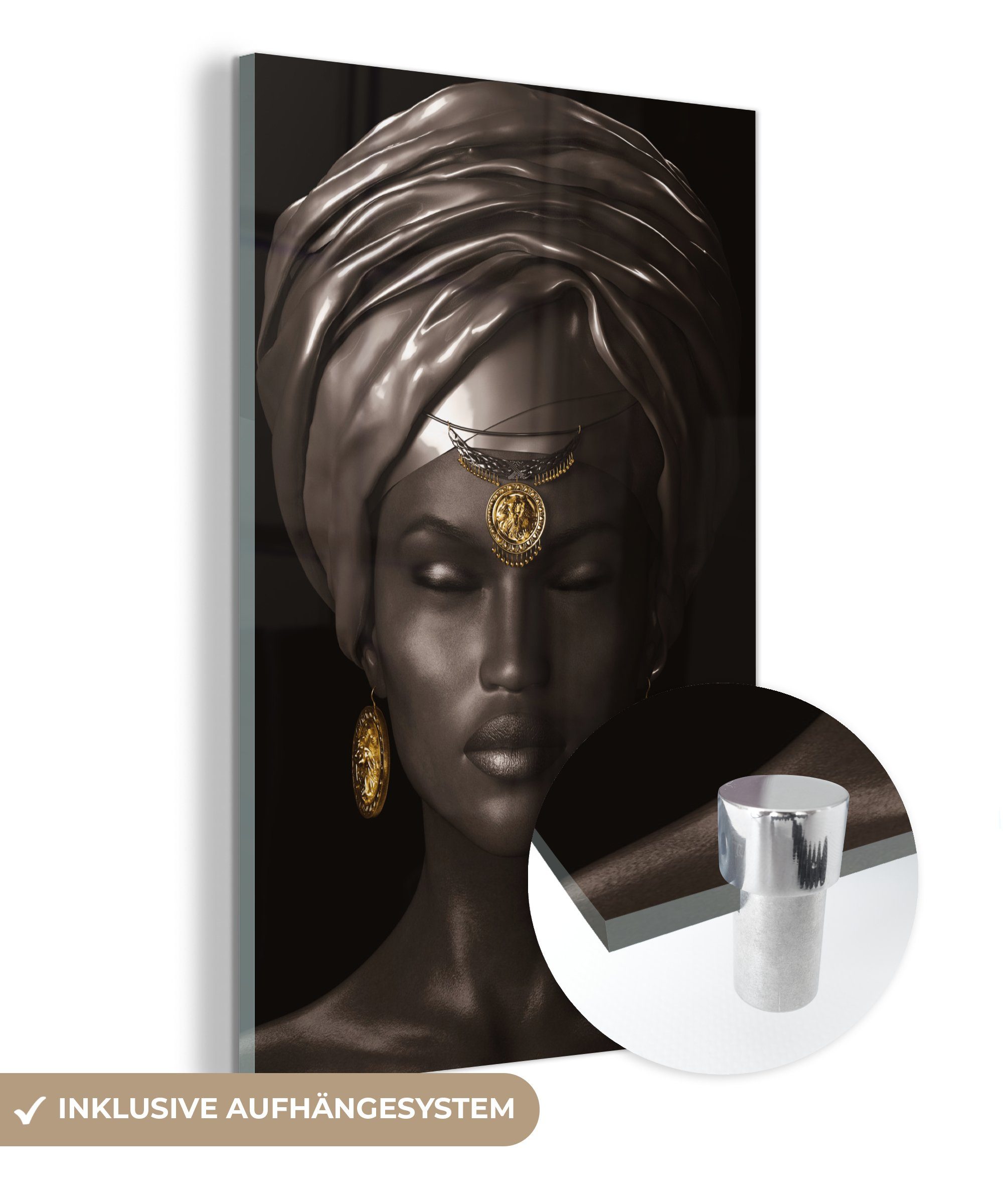 MuchoWow Acrylglasbild Frau - Afrika - Schwarz - Gold, (1 St), Glasbilder - Bilder auf Glas Wandbild - Foto auf Glas - Wanddekoration