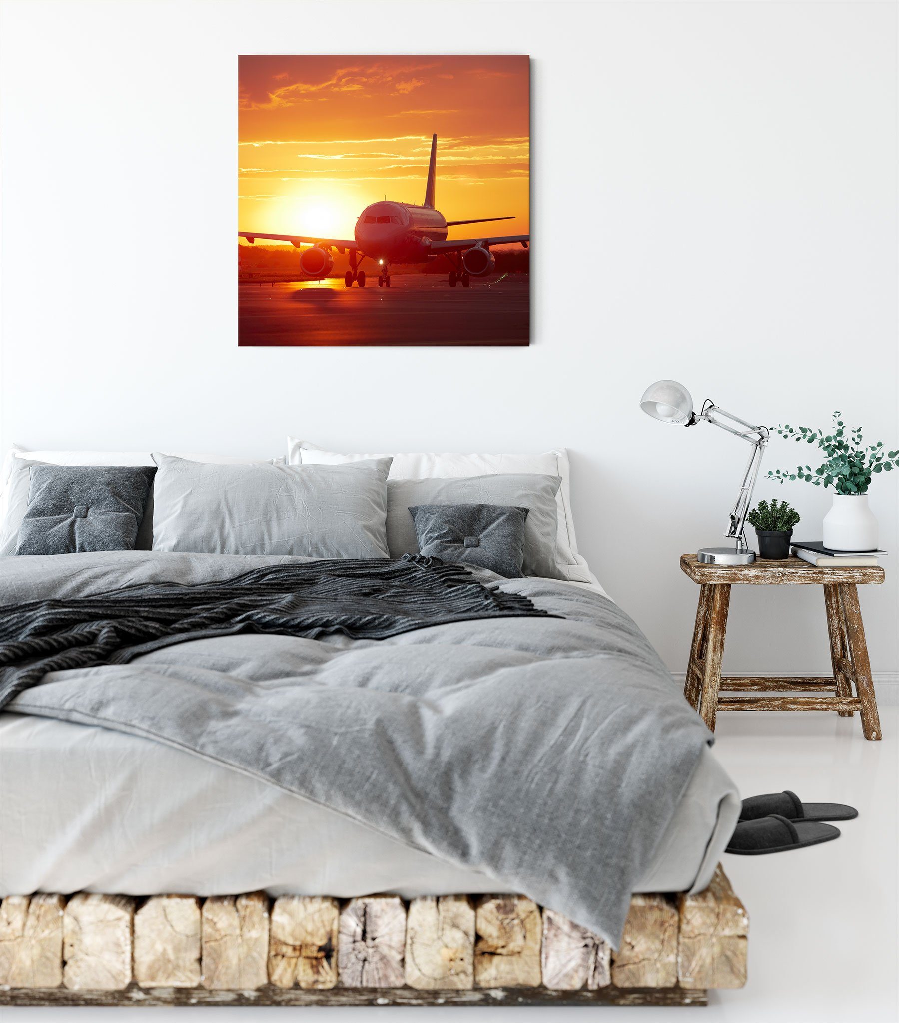 inkl. Leinwandbild (1 Sonnenuntergang fertig Zackenaufhänger Leinwandbild Flugzeug Sonnenuntergang, im St), im bespannt, Pixxprint Flugzeug