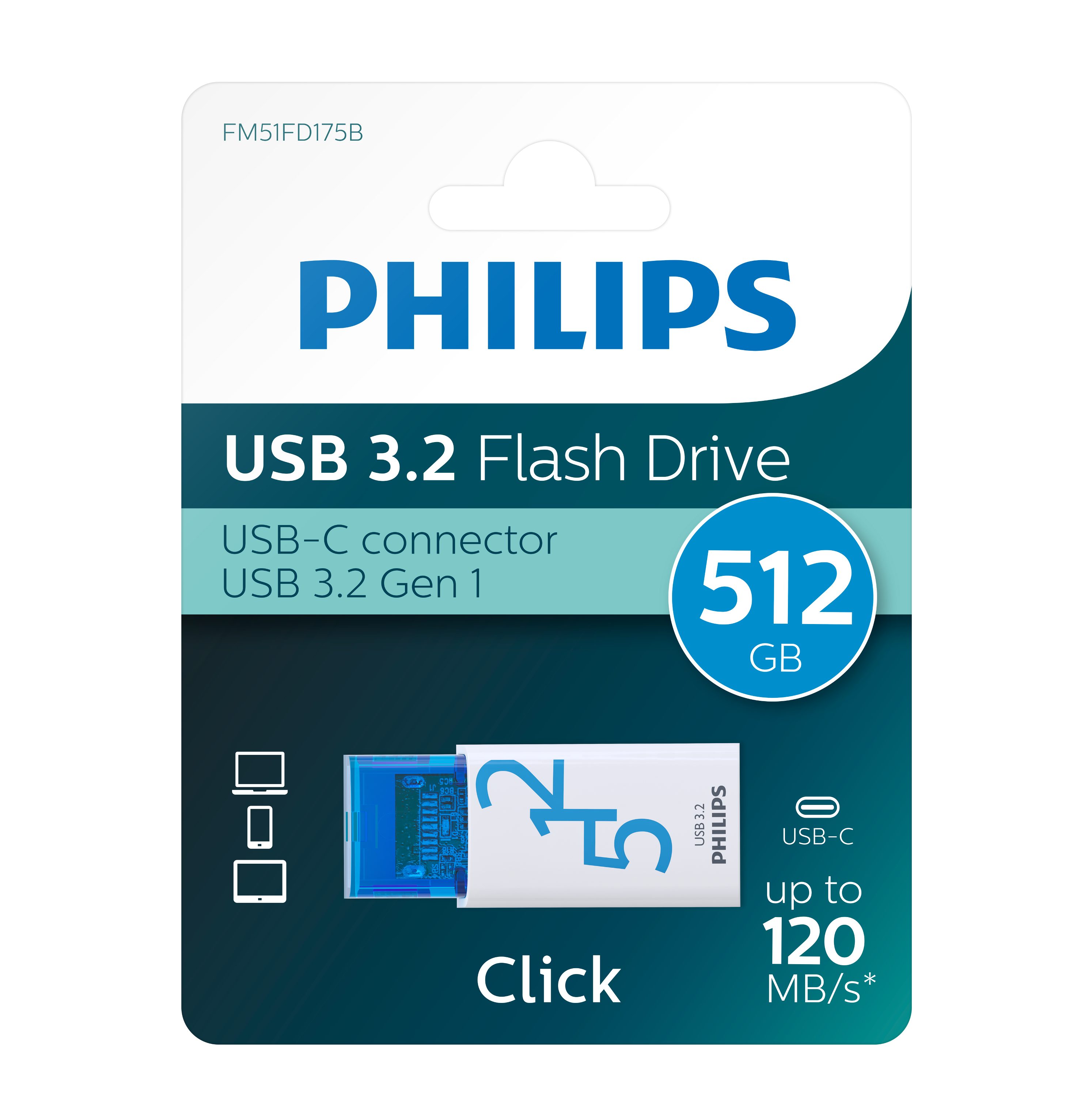 Philips FM51FD175B/00 USB-Stick (USB 3.2, Lesegeschwindigkeit 120,00 MB/s, Click Edition USB-C, 512 GB)