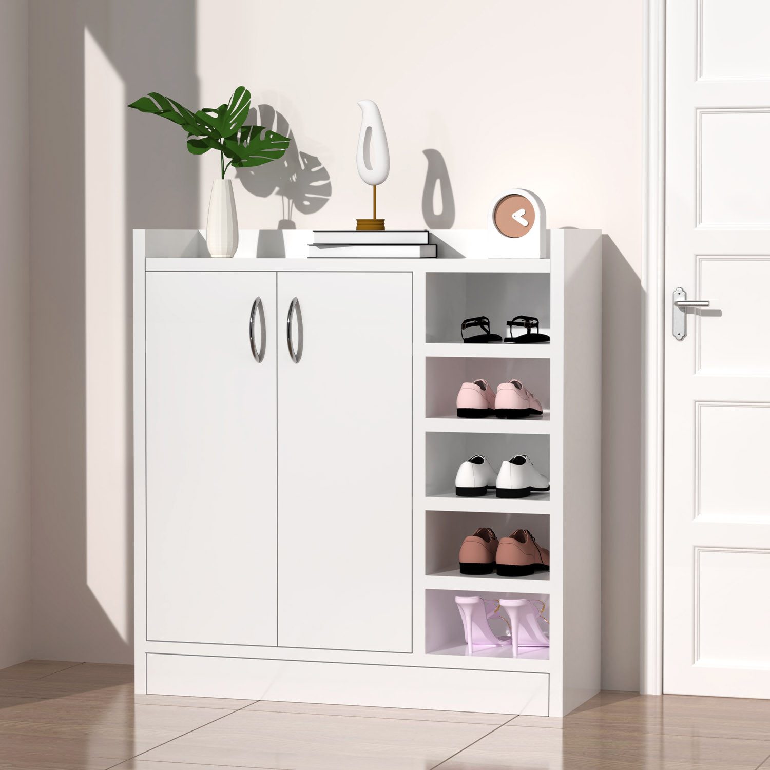 oyajia Schuhschrank Schuhregal, mit 5 Fächern und 2 Türen mit 3 Verstellbaren Einlegeböden (Schuhkommode Schuhkipper Schuhregal für 15 Paar, B 82,5 x H 90x T 30 cm)