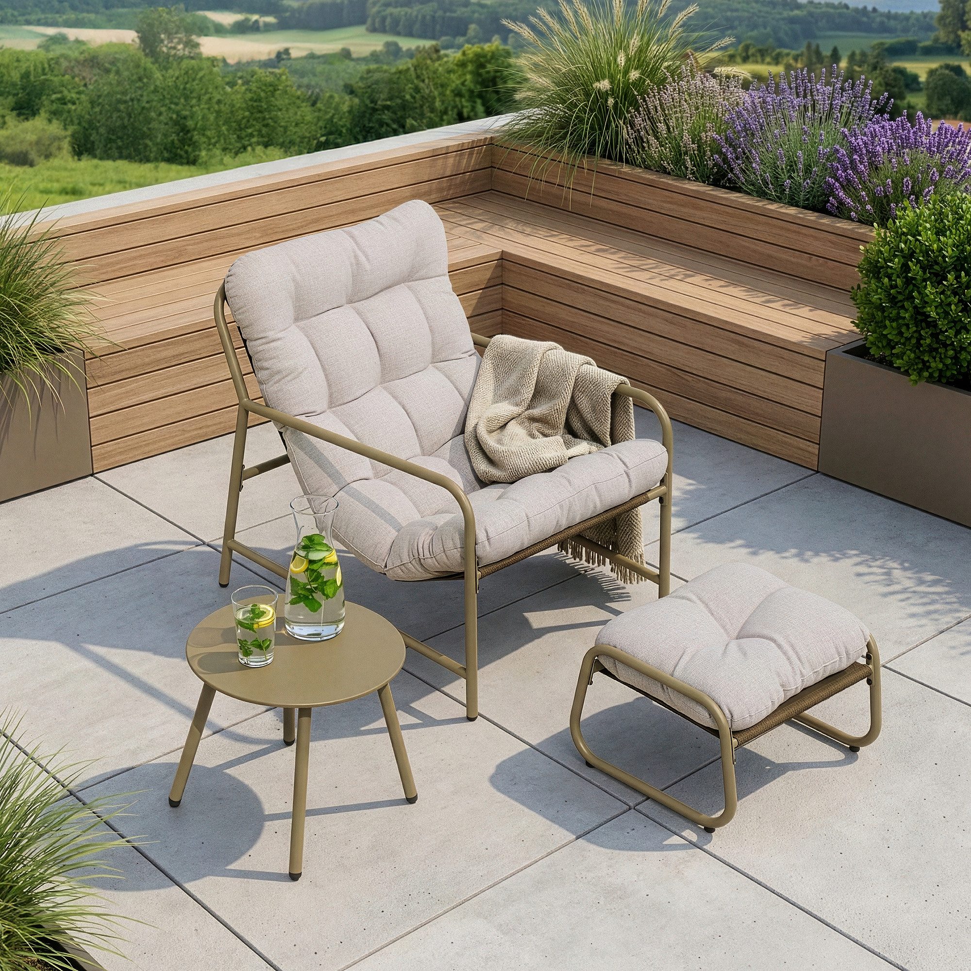 en.casa Gartenlounge-Set, (Set, 3-tlg., Gartenstuhl, Gartentisch, Fußhocker), »Trerdfjoa« Polsterkissen Metallgestell Beige/Grau