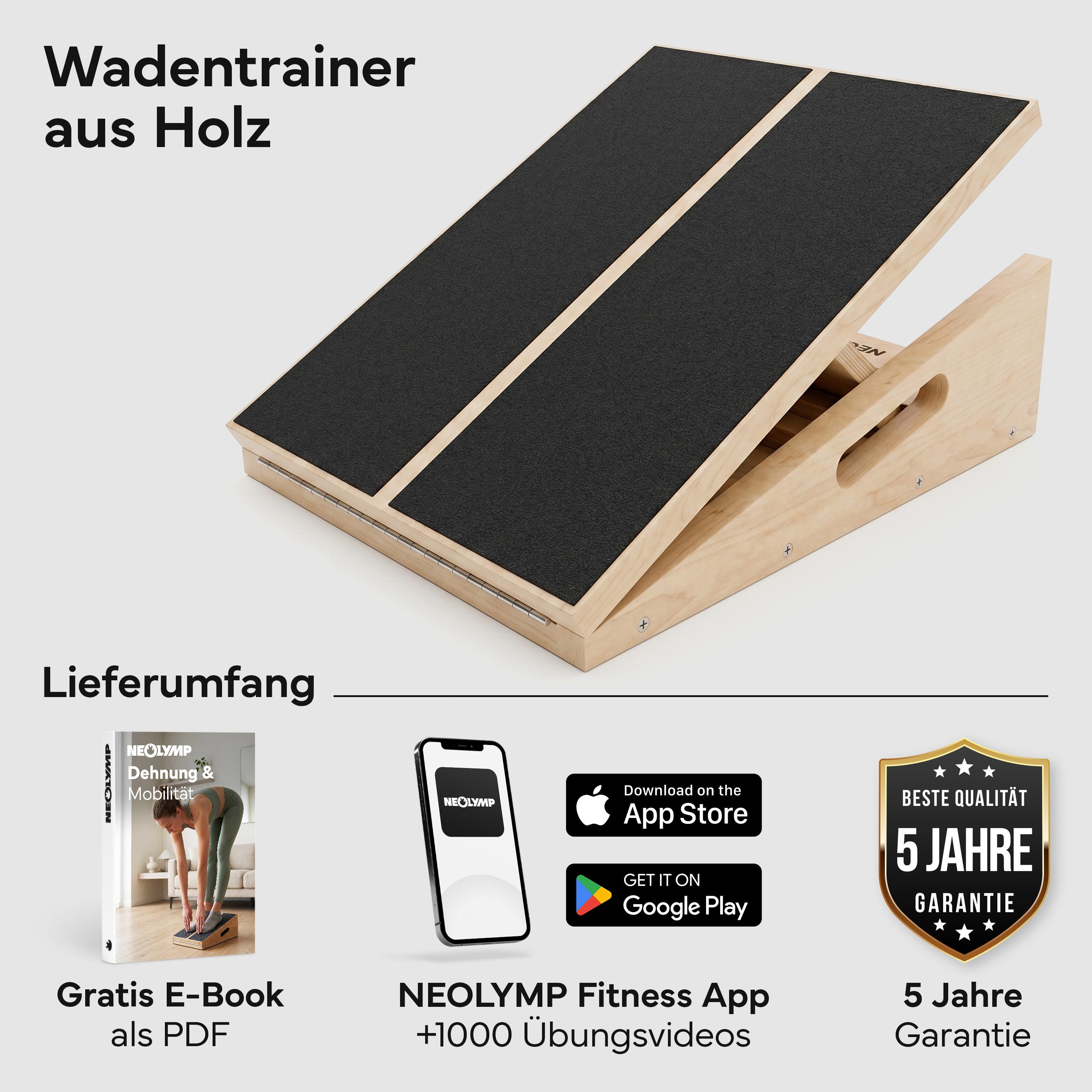 NEOLYMP Balanceboard Wadendehner Schrägbrett aus Holz mit 5 Winkeln bis 35°