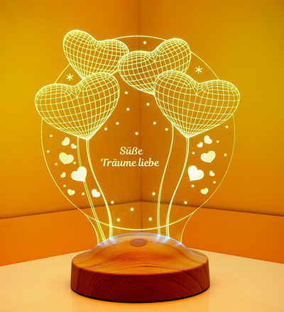 Geschenkelampe LED Nachttischlampe Ballon Herzen 3D Gravur mehrfarbige Lampe Geschenk für Taufe, Leuchte 7 Farben fest integriert, Geburtstagsgeschenk für Babys, Kinder