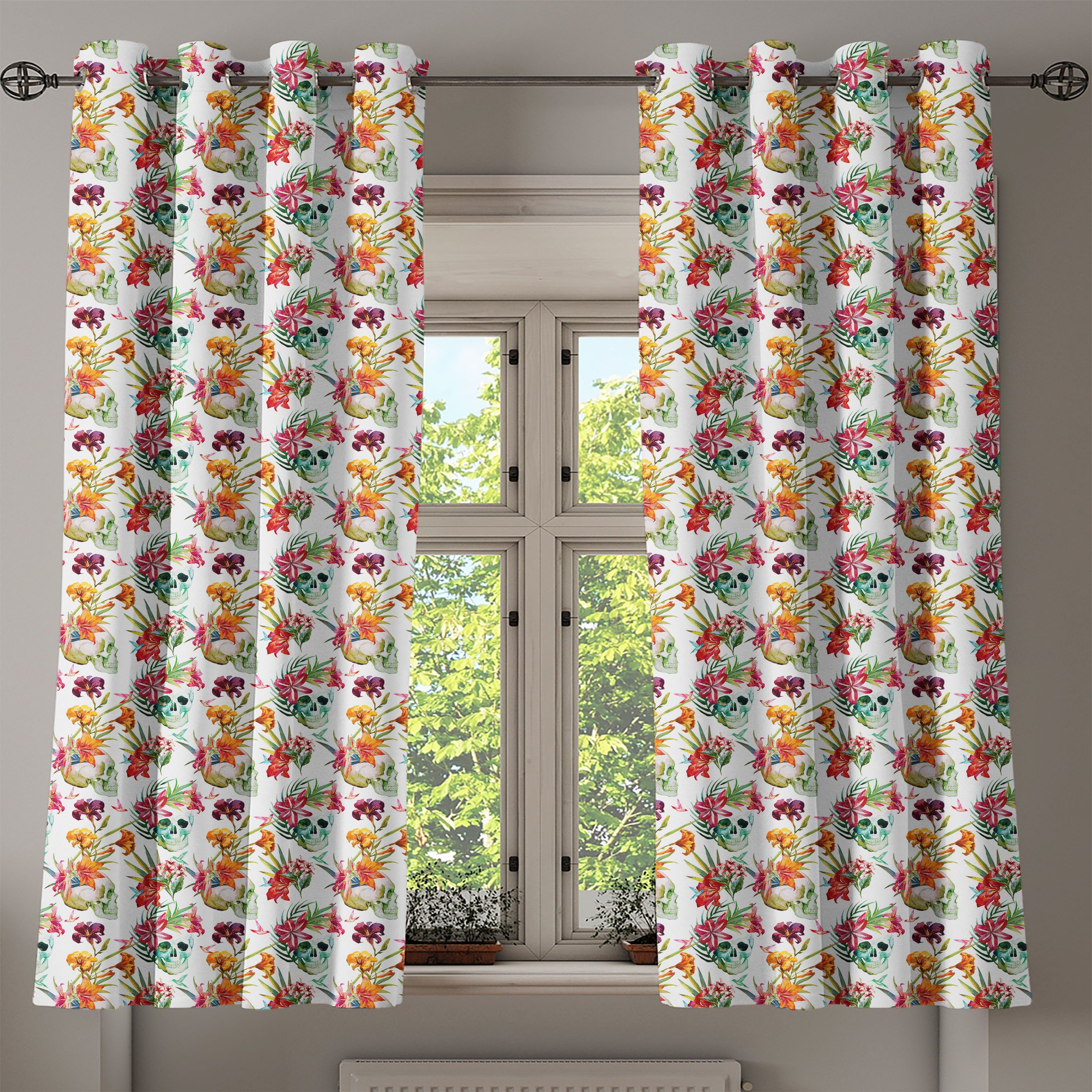 Lilien-Blüten-Schädel Wohnzimmer, Blumen 2-Panel-Fenstervorhänge Schlafzimmer Dekorative Abakuhaus, Gardine für