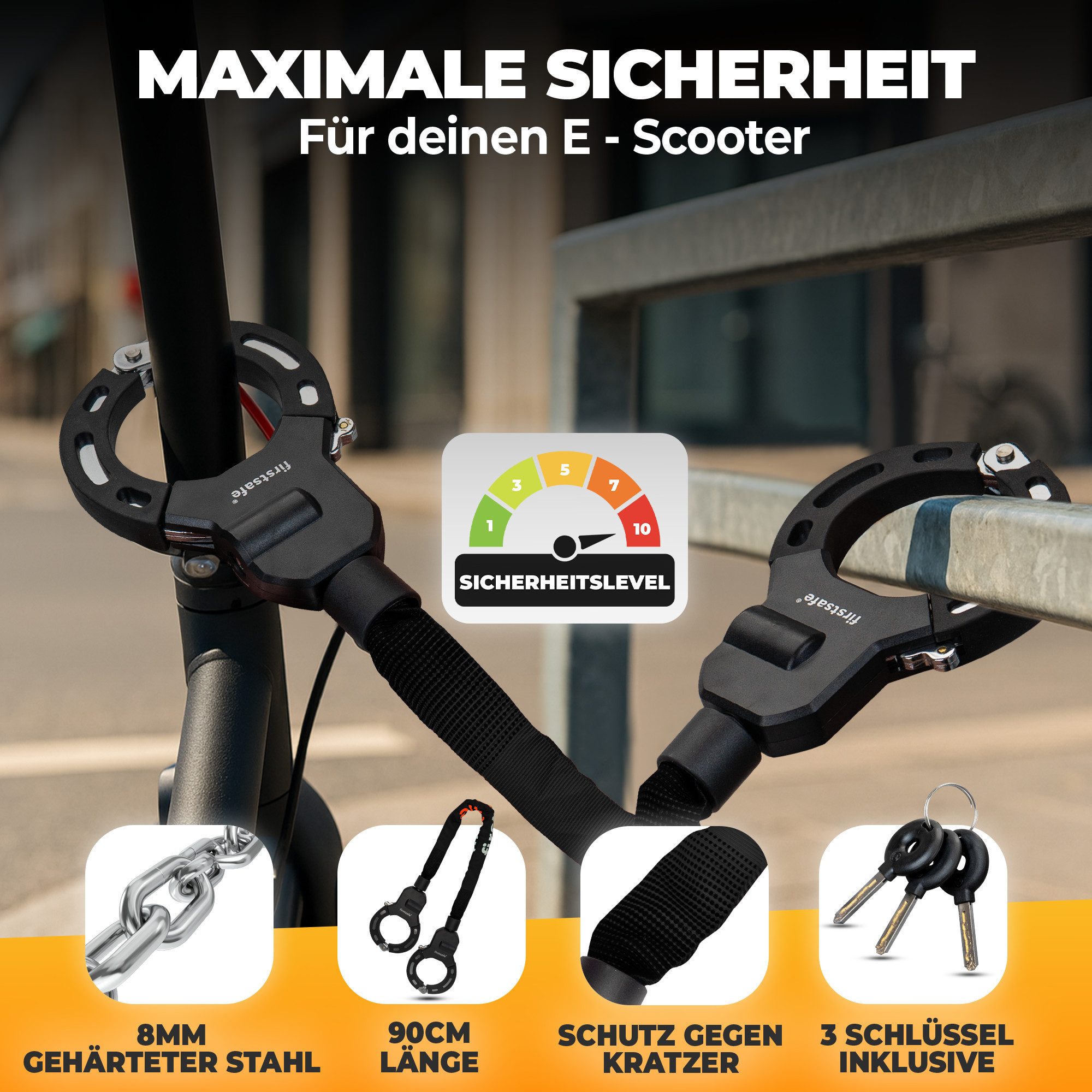 firstsafe Kettenschloss Handschellenschloss für E Scooter Schloss und Fahrrad 90 cm, 360° drehbar, Silikonbeschichtung, 8 mm Stahlkette