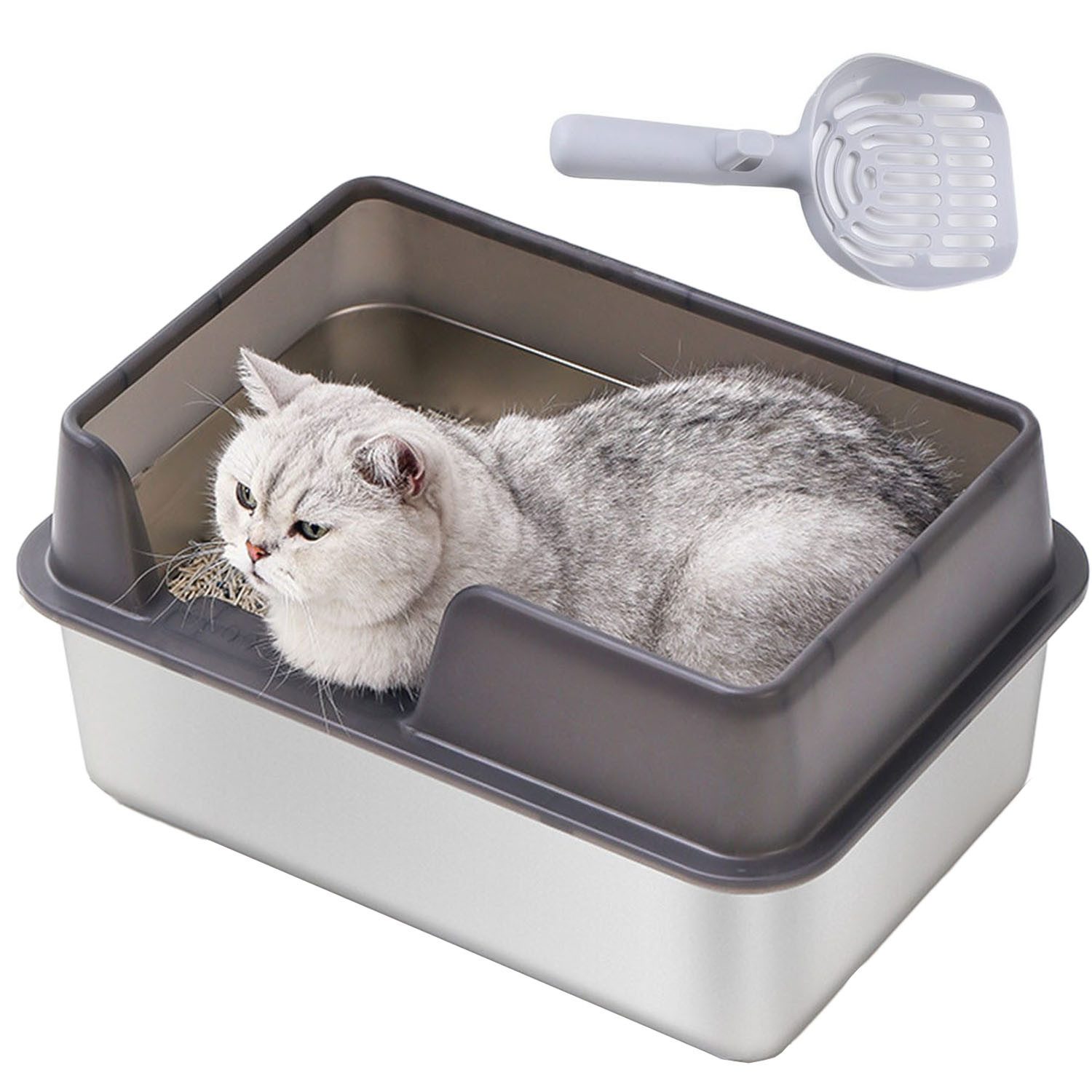 SURFOU Katzenecktoilette Katzenklo Edelstahl-Katzentoilette Spritzschutz, leicht zu reinigen, 50 x 35 x 25 cm, für kleine und mittelgroße Katzen,Kaninchen,Frettchen