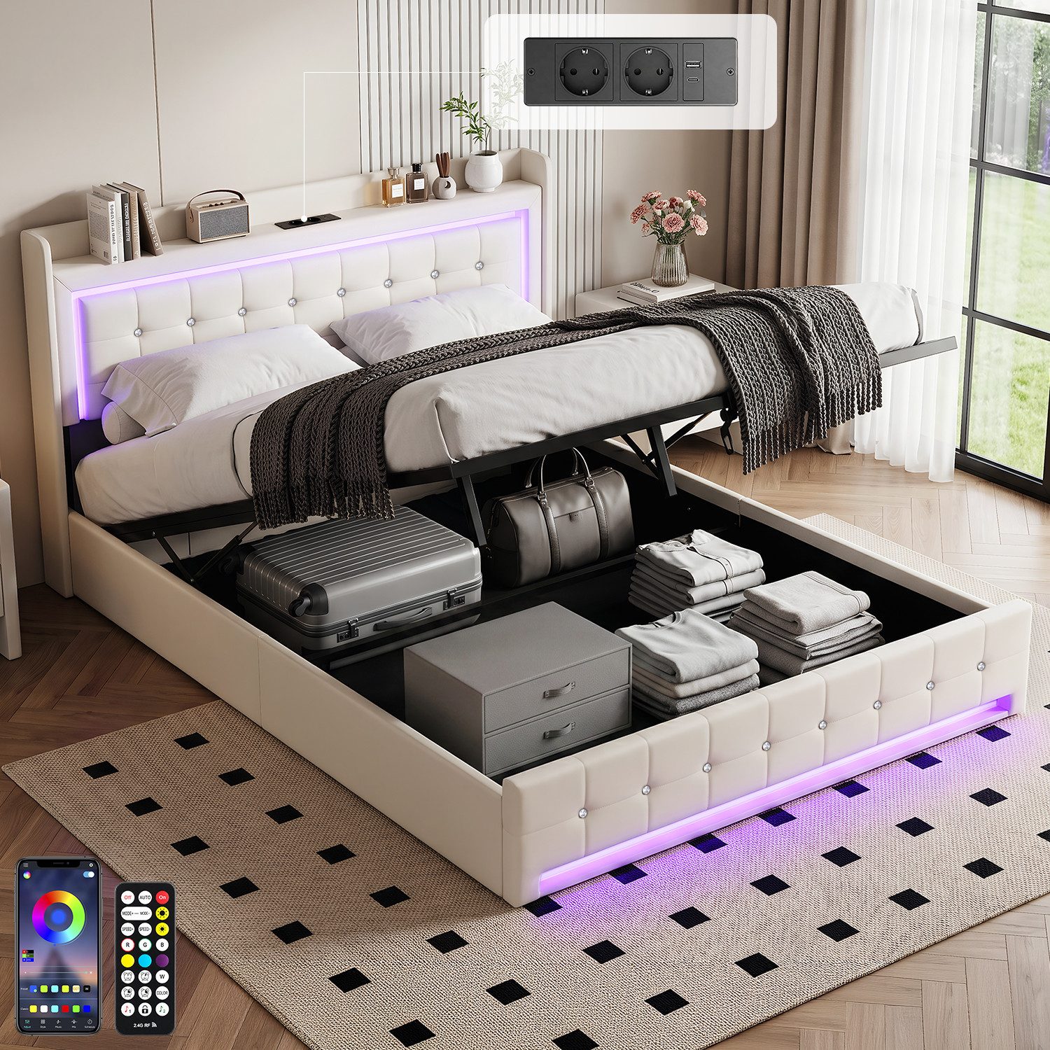 oyajia Polsterbett Doppelbett mit LED Beleuchtung 140x200cm,Hydraulisch Stauraumbett (Kopfteil mit stauraum und USB-Ladefunktion, Polsterbett mit Metall Bettgestell, PU-Leder), Funktionsbett Stauraumbetten Jugendbett Bettgestell Leises Design Bett