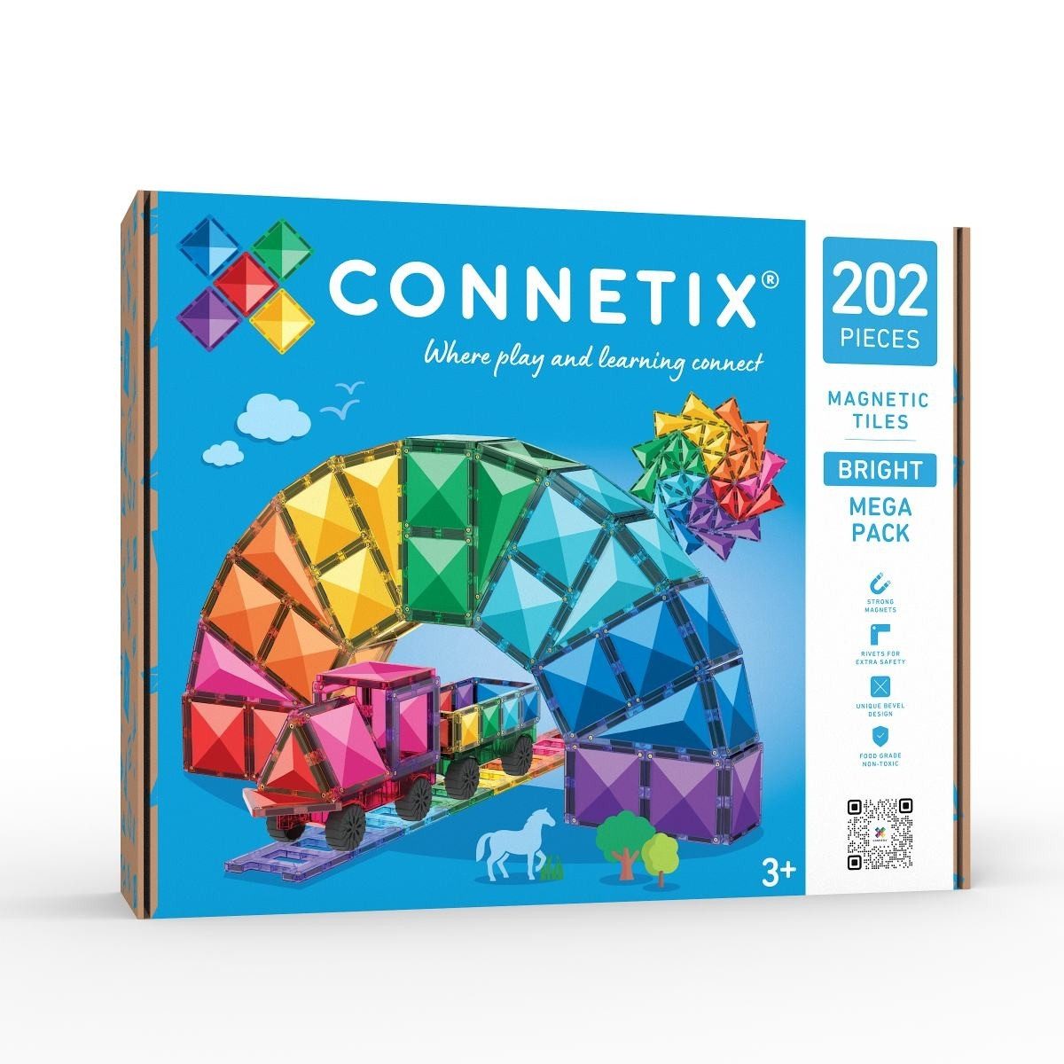 Connetix Bright Mega Pack 202 Teile, 8 Farben, 2 Fahrzeugbasen, ab 3 Jahren Magnetspielbausteine
