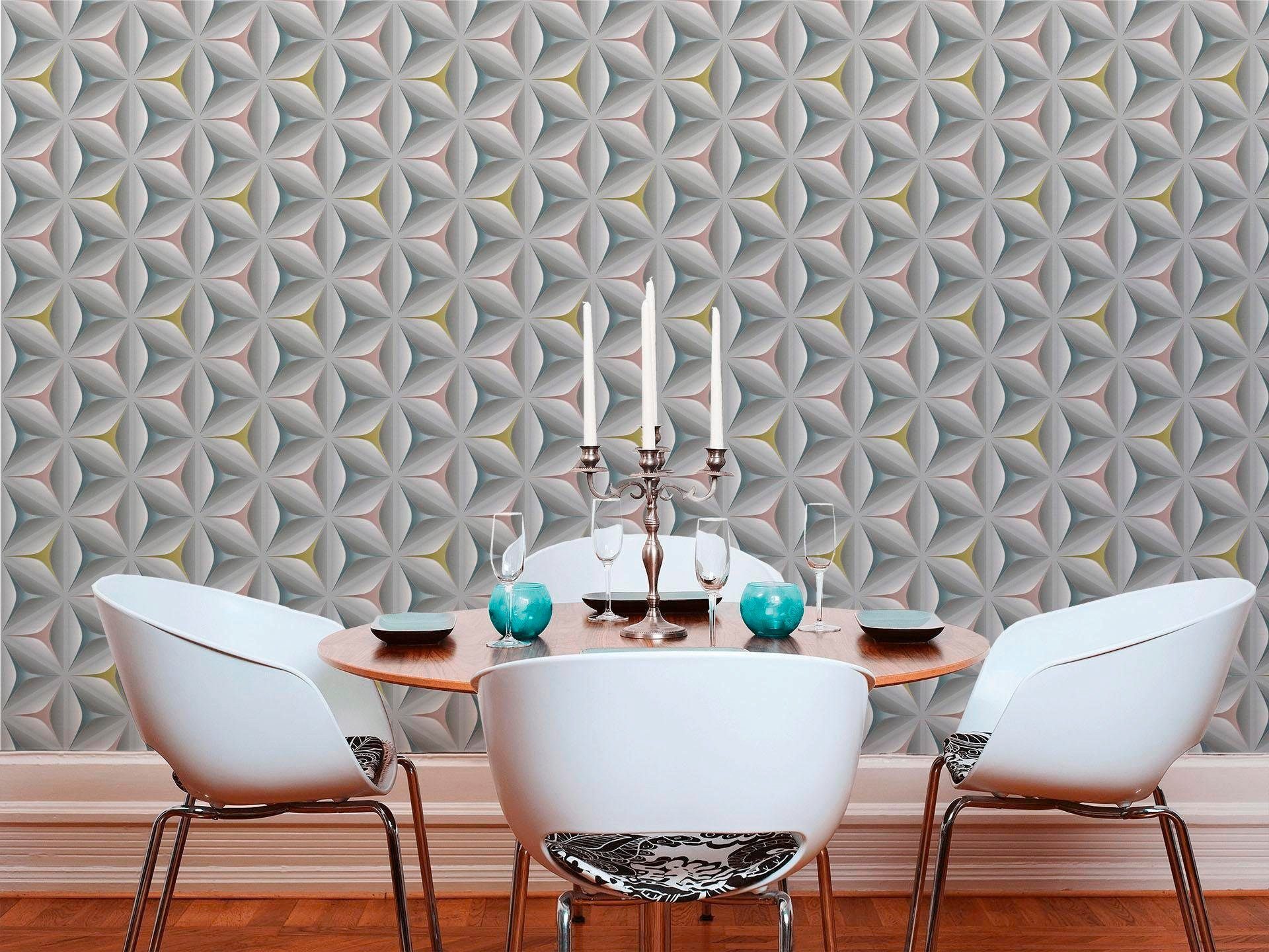 living walls Vliestapete Scandinavian, leicht strukturiert, gemustert, Retro, Motiv, Retrotapete Geometrisch Tapete 3D Effekt einfarbig glänzend Flur Optik
