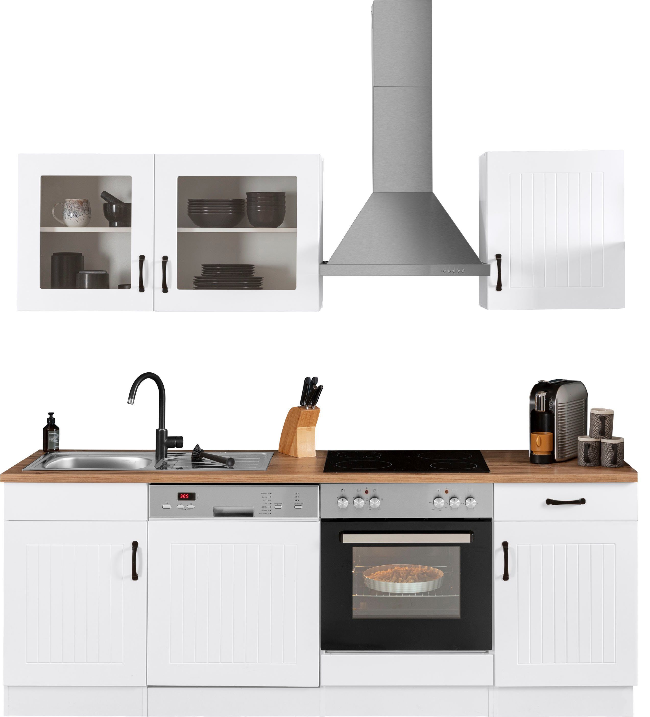 HELD MÖBEL Küchenzeile Athen, mit E-Geräten, Breite 220 cm, mit hochwertigen MDF Fronten weiß