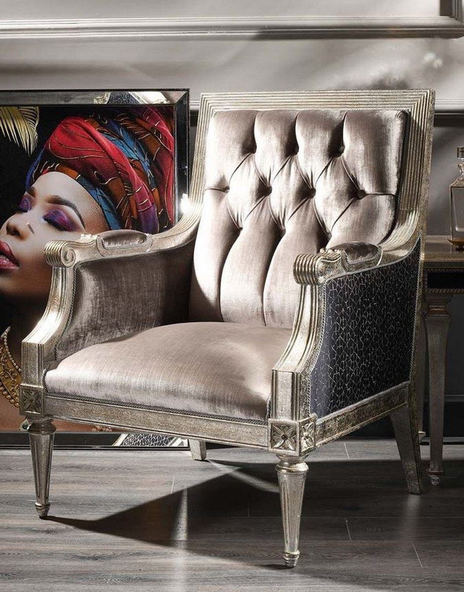 Casa Padrino Chesterfield-Sessel Luxus Barock Samt Sessel Rosa / Schwarz / Antik Silber 73 x 73 x H. 110 cm - Barock Wohnzimmer Möbel
