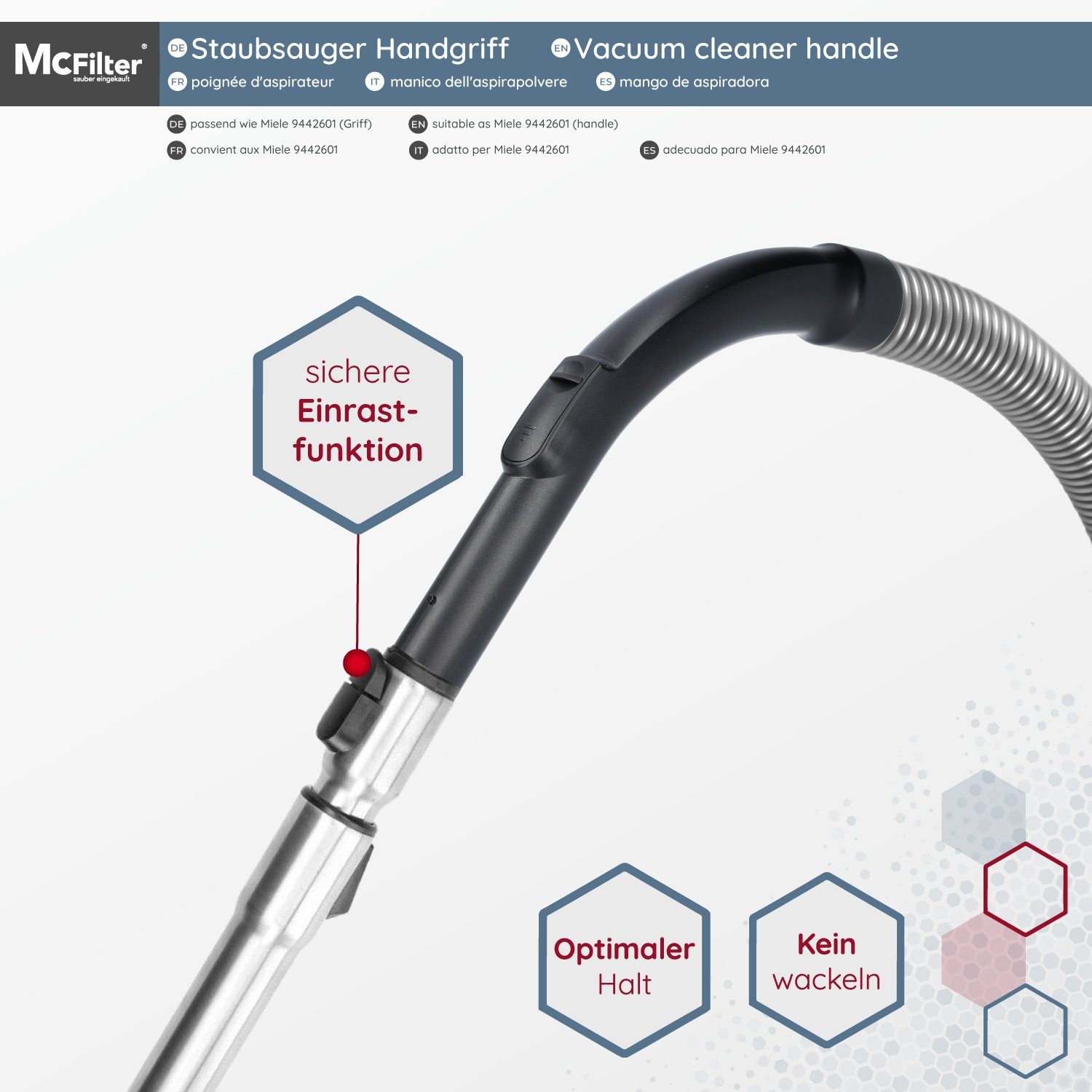 McFilter Staubsaugerrohr Handgriff, Ø 35mm, passend für Miele Classic C1 Compact C1 C2, Complete C1 C2 C3, ergonomisch, Einrast-Funktion, Saugluftregulierung