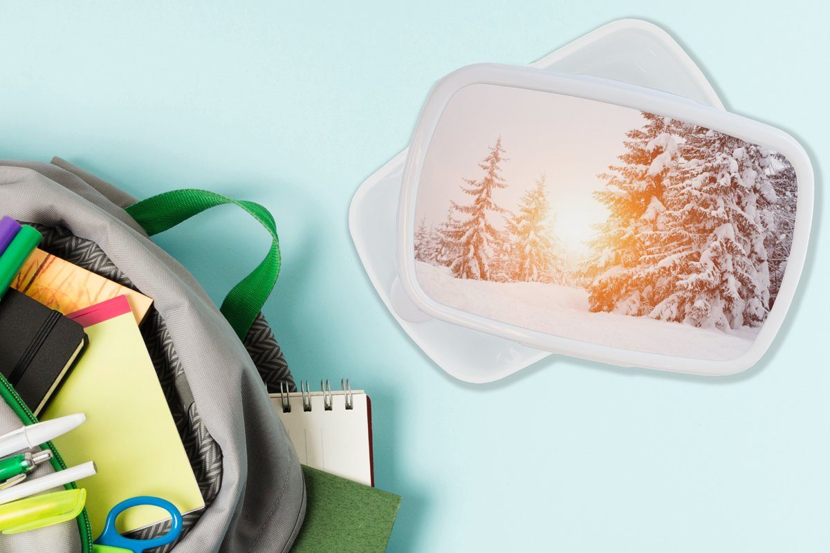 MuchoWow Lunchbox Brotbox Sonne und Kunststoff, Kinder - Schnee, für Mädchen und - für Erwachsene, Brotdose, Jungs Bäume weiß (2-tlg)