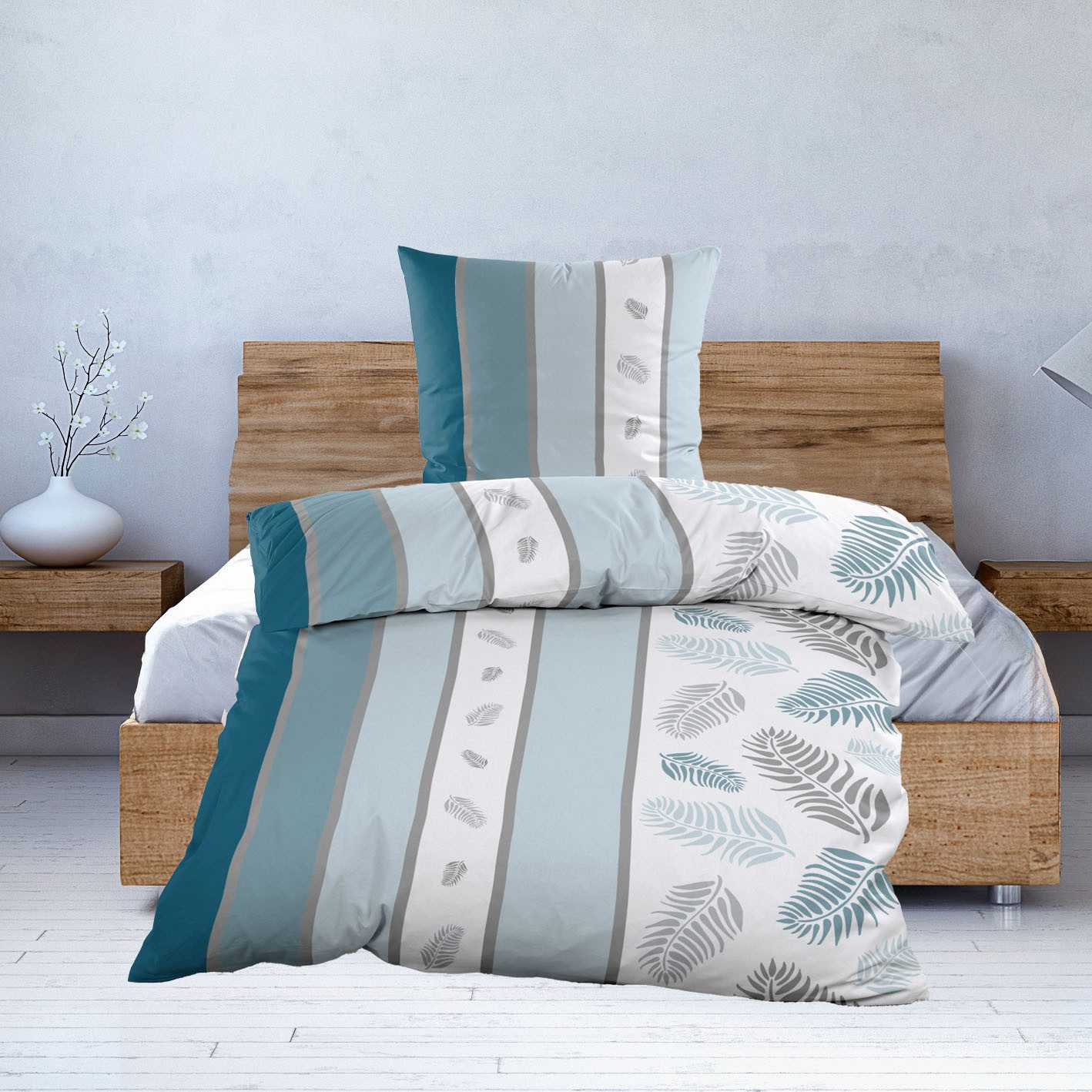 Casa Colori Bettwäsche Biber 135x200cm Petrol Streifen & Federn, Biber, 2 t günstig online kaufen