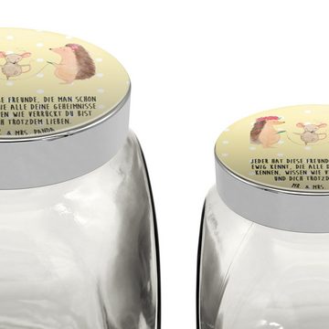 Mr. & Mrs. Panda Vorratsglas L 870ml Igel Seilhüpfen - Gelb Pastell - Geschenk, Maus, Gute Laune, Premium Glas, (1-tlg), Design-Highlight