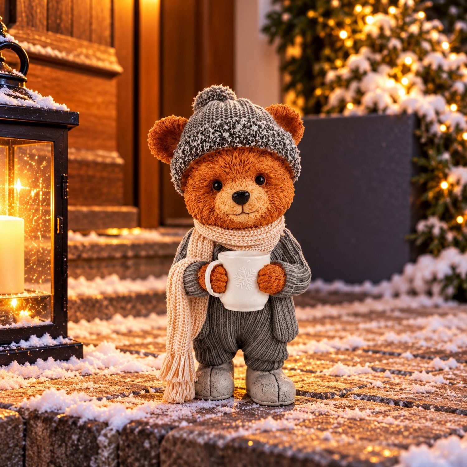 Online-Fuchs Dekofigur süßer Weihnachtsbär mit Glühwein - Weihnachtsdeko outdoor geeginet (Bären Typ, Wetterfest), mit freundlichen Gesichtsausdruck und einer detailreichen Gestaltung