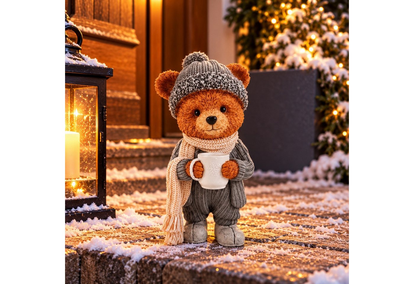 Online-Fuchs Dekofigur süßer Weihnachtsbär mit Glühwein - Weihnachtsdeko outdoor geeginet (Bären Typ, Wetterfest), mit freundlichen Gesichtsausdruck und einer detailreichen Gestaltung