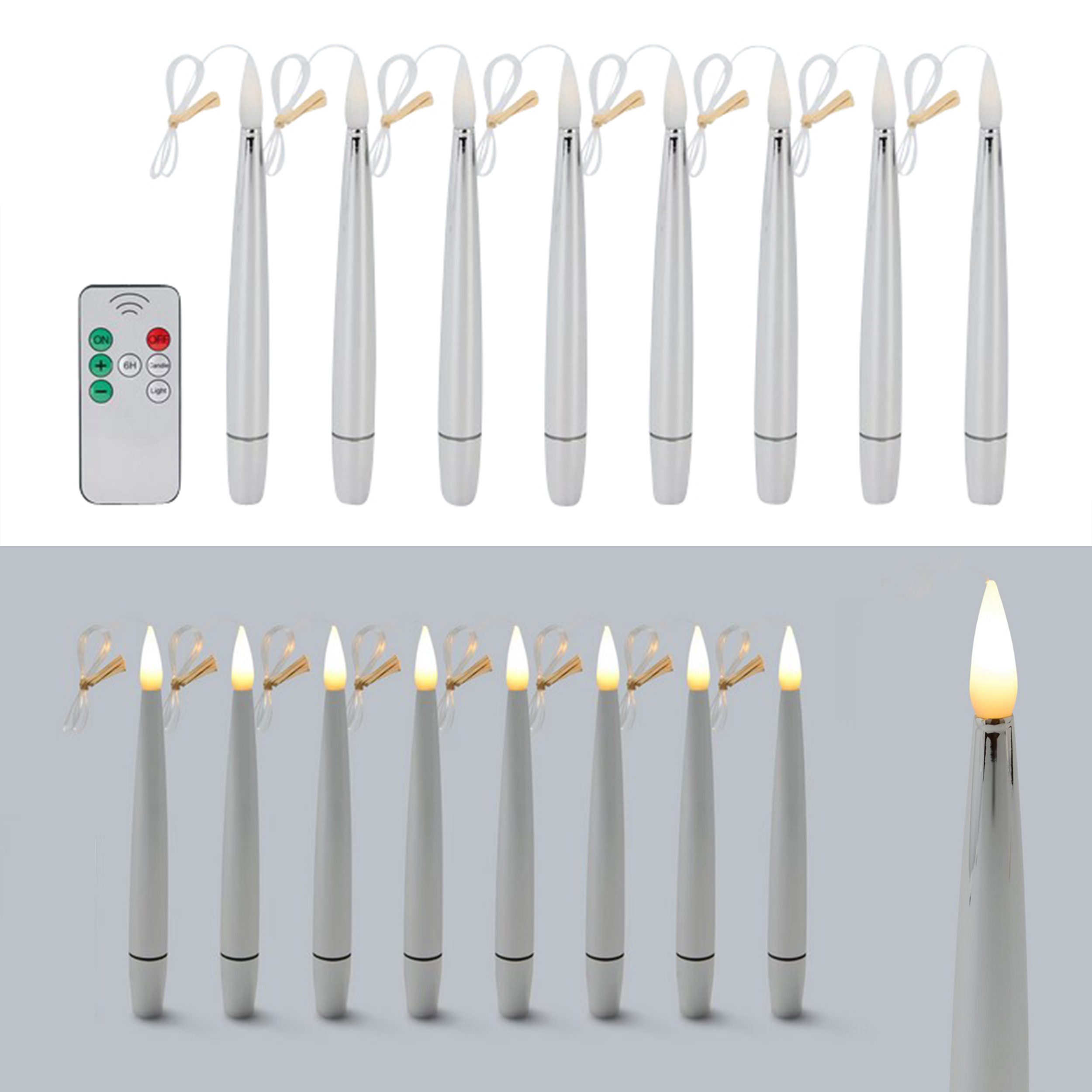 Online-Fuchs Christbaumkerzen 8 schwebende LED Weihnachtskerzen - Flying Candles mit Fernbedienung, In den Farben Silber, Champagner, Taubenblau, Grün und Rot