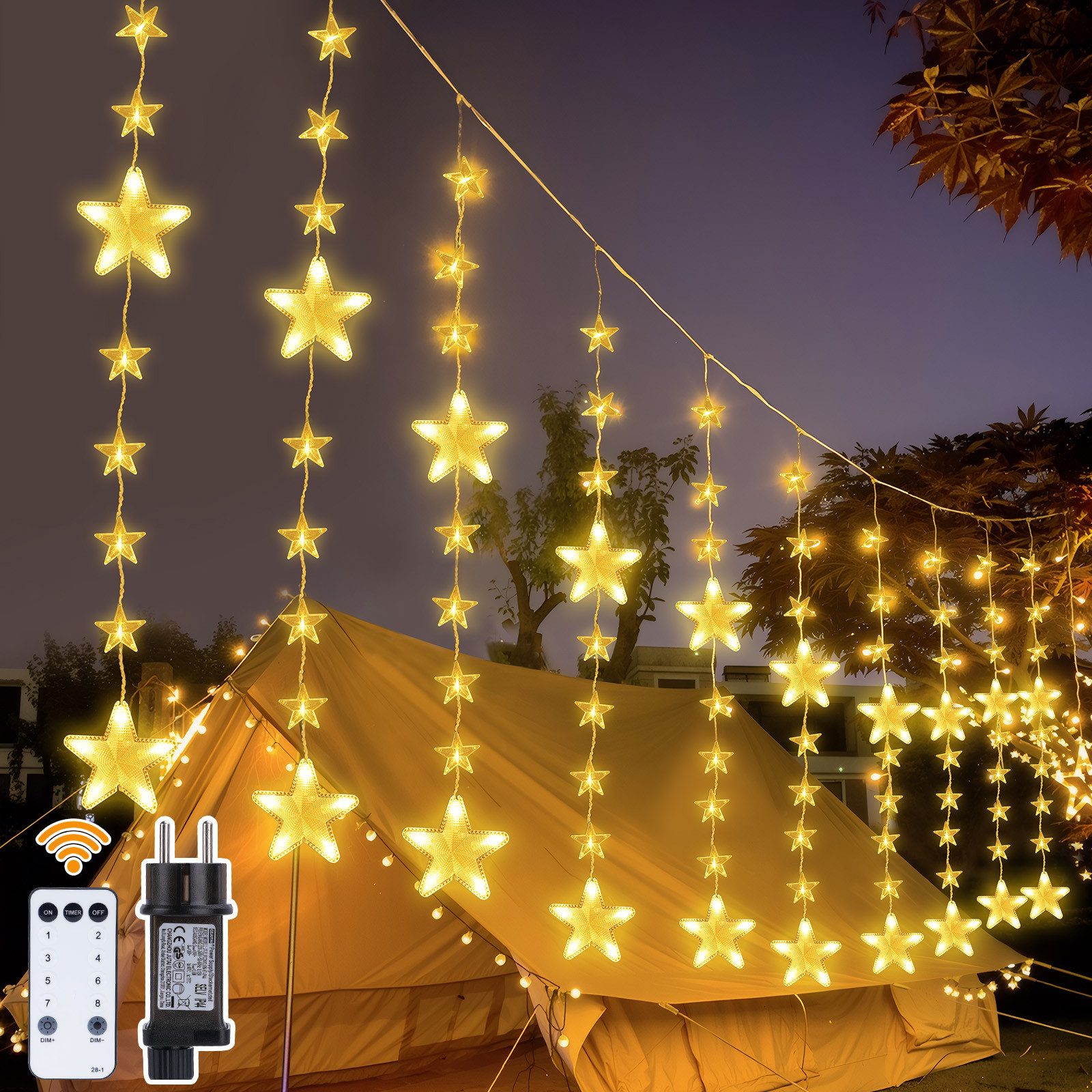 XERSEK LED-Lichtervorhang LED Lichterkette Stern 2m 144 LEDs Lichternetz, LED Lichtervorhang IP44 8 Modi Timer Party Indoor Weihnachts Fenster