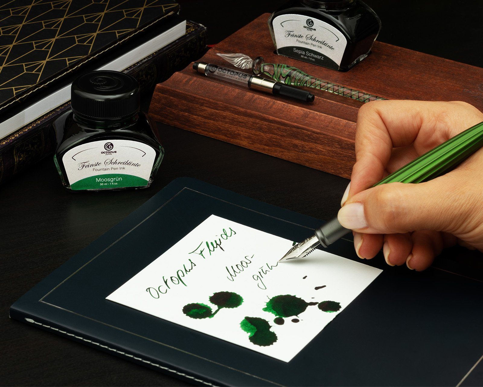 DIPLOMAT Füllhalter von mit MADE Schreibtinte mit (Komplett-Set grün Schreibtinte, Moosgrün Octopus und GERMANY Aero Tintenkonverter, Holzetui), Fluids IN