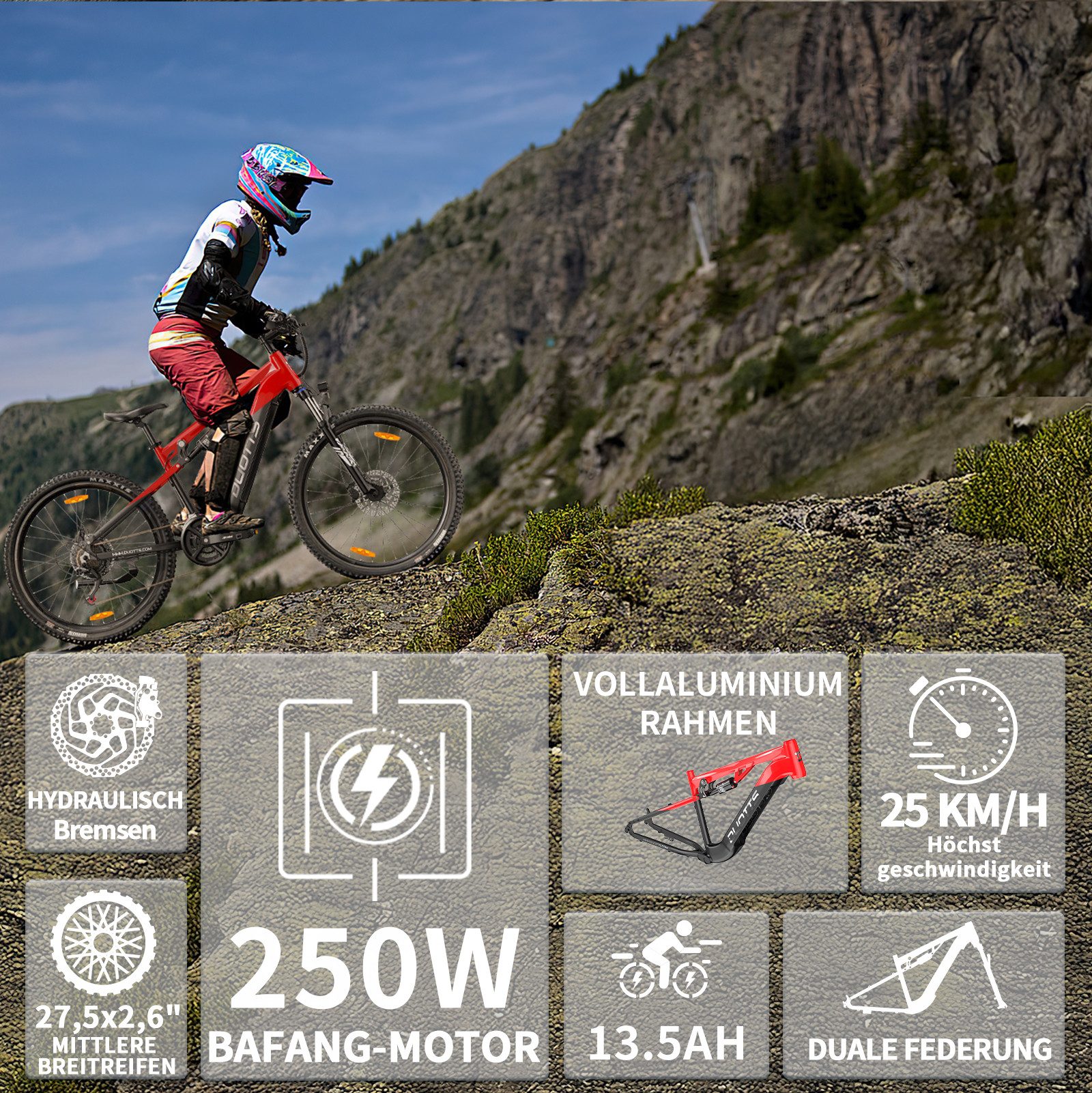 DUOTTS E-Bike Cityrad E29 herren Elektrofahrrad 648WH 27.5 Zoll damen 48V 13.5AH 50Nm, 14 Gang Shimano Shimano Schaltwerk, Kettenschaltung, Heckmotor, 648 Wh, IPX4, max. Steigung 20–30°, max. Belastung 150 kg