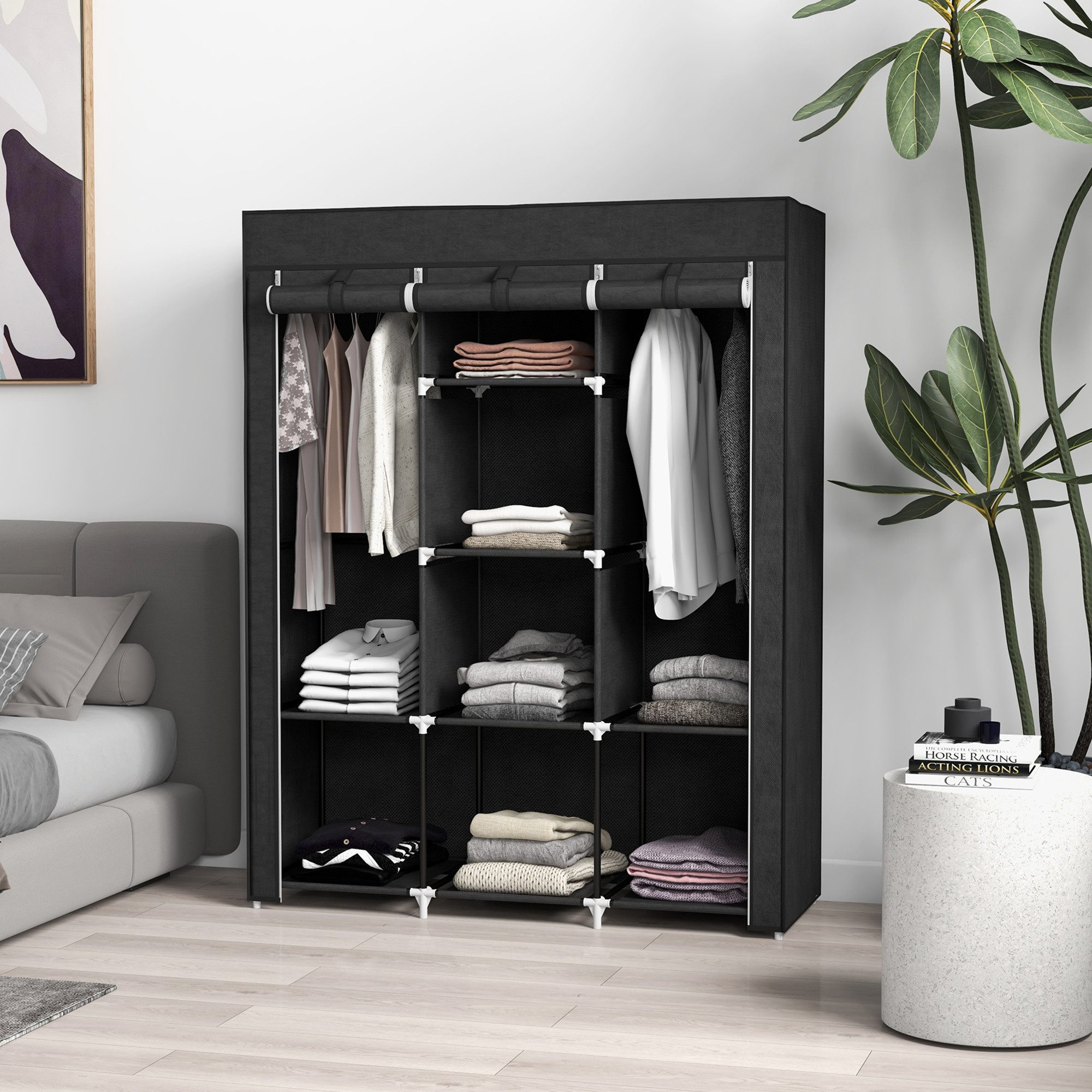 HOMCOM Stoffschrank Faltschrank für Schlafzimmer, Ankleidezimmer, 125x43x162,5cm (Kleiderschrank, 1-St., Tücherschrank) Schwarz, 125 x 43 x 162,5 cm