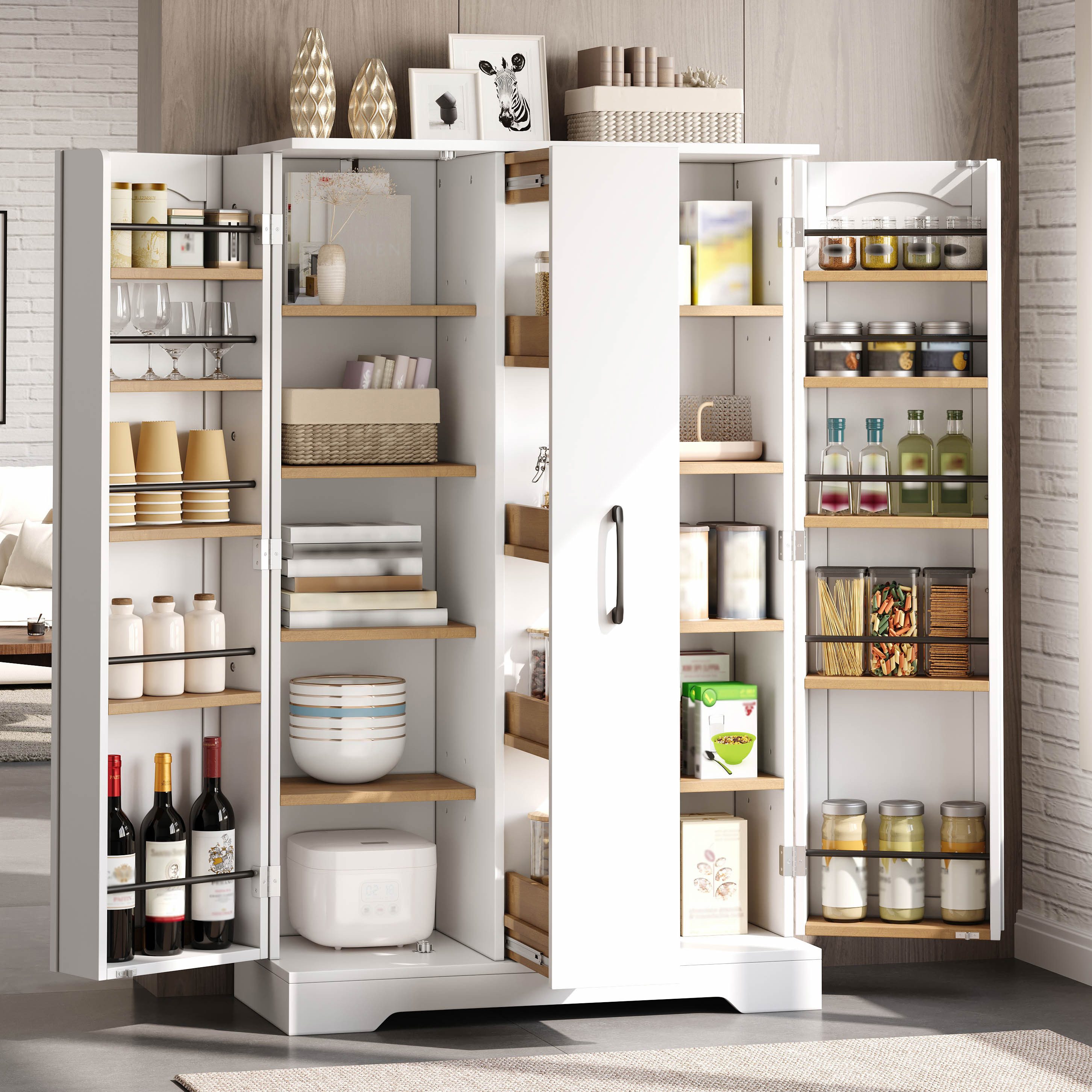 Flieks Hochschrank Küchenschrank mit 4-stufigem Schubladen, Türregalen (B78xT35xH120 cm, 1-St) Mehrzweckschrank Highboard mit verstellbare Einlegeböden Weiß