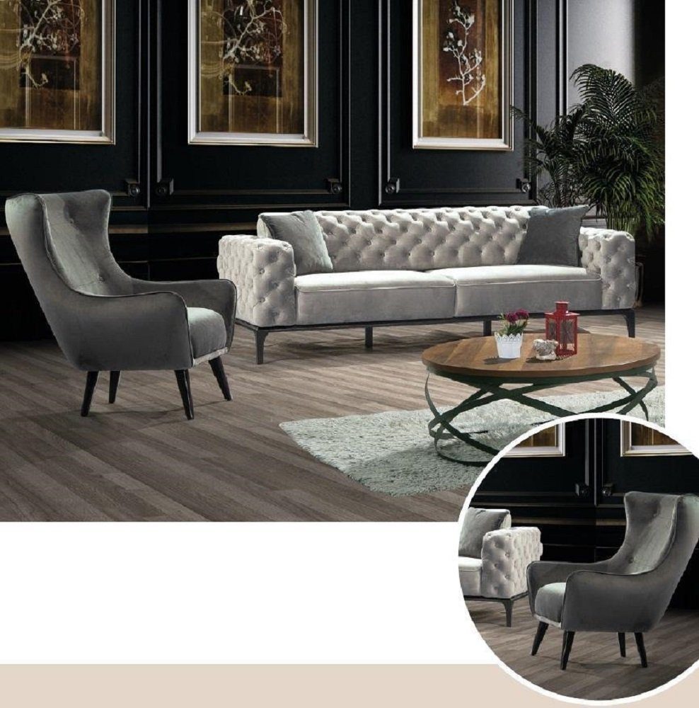 Sitzer Chesterfield 31 Sofagarnitur Grau Weiß, 2 Sofa Sofa Sofas in Made JVmoebel Stoff Europa Teile, Luxus