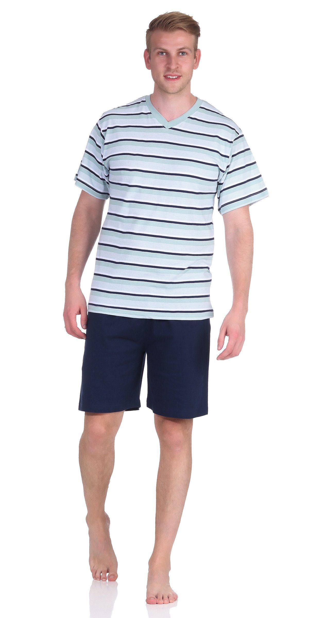 Moonline Shorty Herren mit Kurzarm Aqua 100% Single-Jersey Schlafanzug V-Ausschnitt Baumwolle Shorty