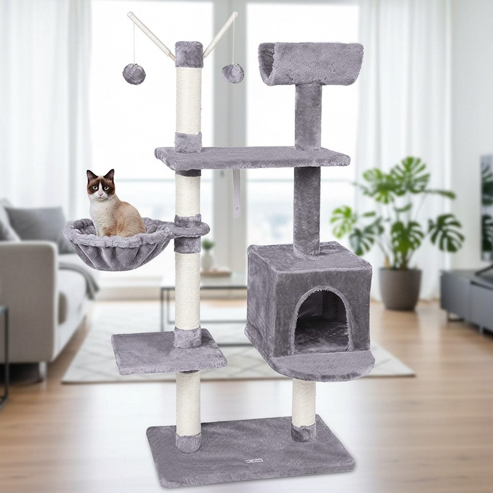 Feel2Home Kratzbaum Kratzbaum Katzenbaum Kletterbaum Anti-Kipp-Beschläge Hellgrau 131cm, Anti-Kipp-Beschläge