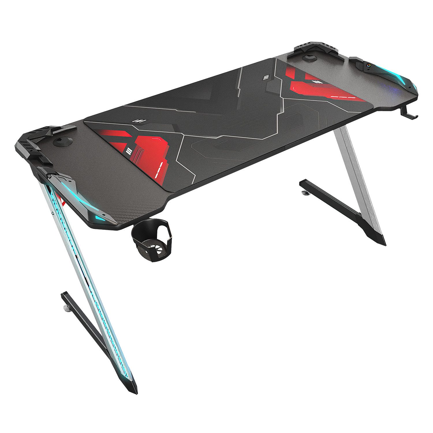 SONNI Gamingtisch Groß, Gaming Schreibtisch mit LED, mit Mauspad,140x60x75cm Schwarz, mit Mauspad,Getränkehalter und Kopfhörerhalter,breite 140cm, Schwarz