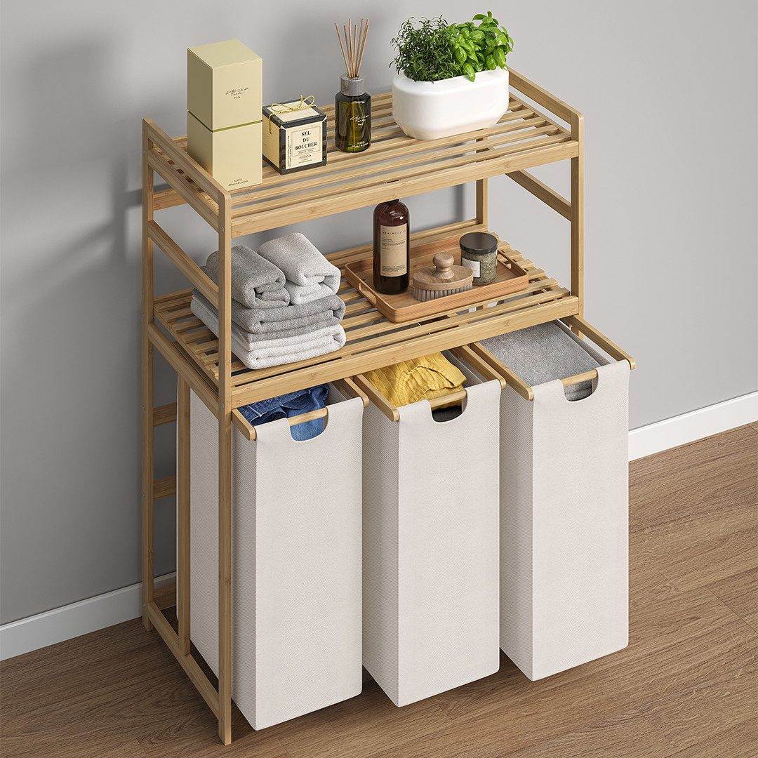 Bellamio Wäschekorb Newa aus Bambus (3 Fächer mit 2 Ablagen, Beige 150 L), günstig online kaufen