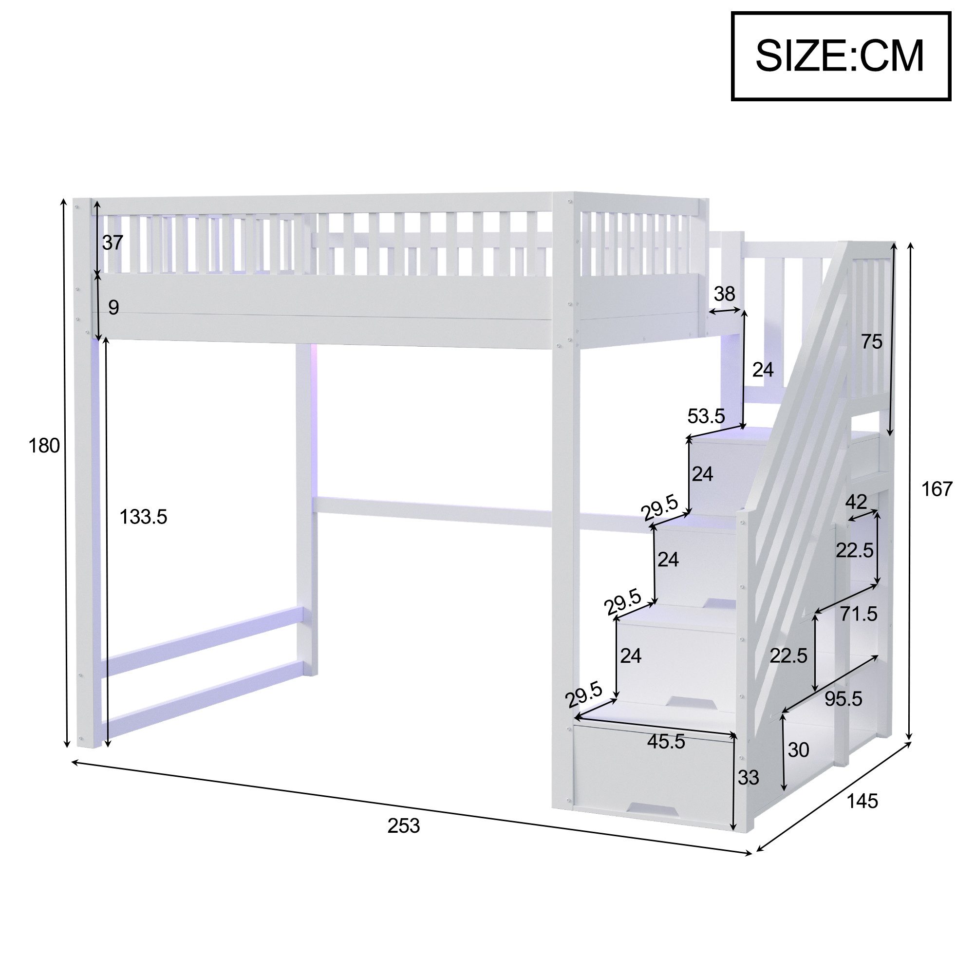 Odikalo Hochbett Hochbett mit Stauraum & Treppe, Weißes Holzbett aus Massiver Kiefer (Hochbett 140x200 / 90x200 cm mit Sicherheitsaufbewahrungsleiter, Sicherhei – Bild 5 von 5